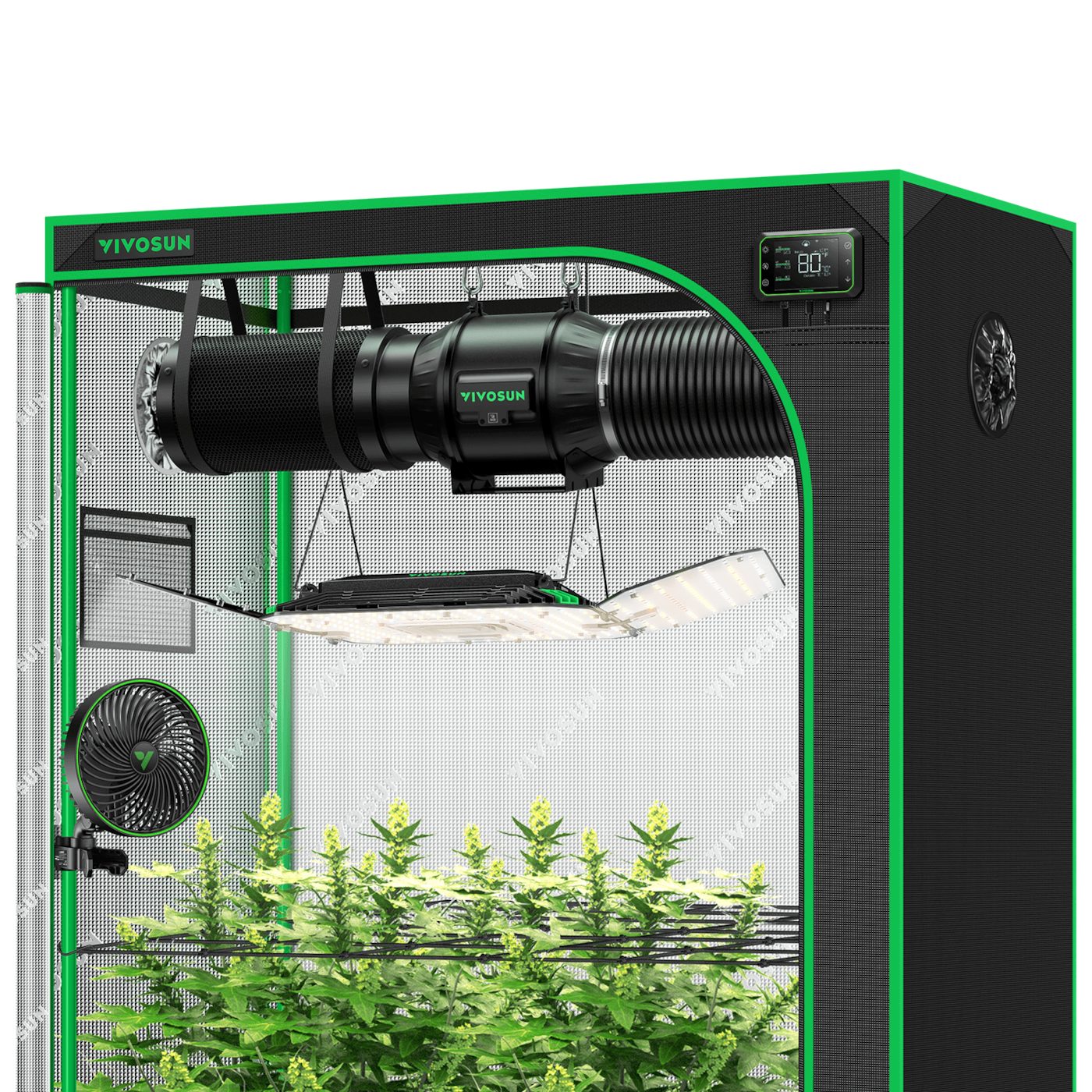 Smart Growbox Komplettset GIY-SGS-52 150 x 80 x 200 cm, Komplettsystem für 3 Pflanzen, mit WiFi E42A Controller, 200W AeroLight Wing LED Pflanzenlampe, 15 cm AeroZesh T6 Abluftset und AeroWave E6 Gen2 Gen2 Clip Fan