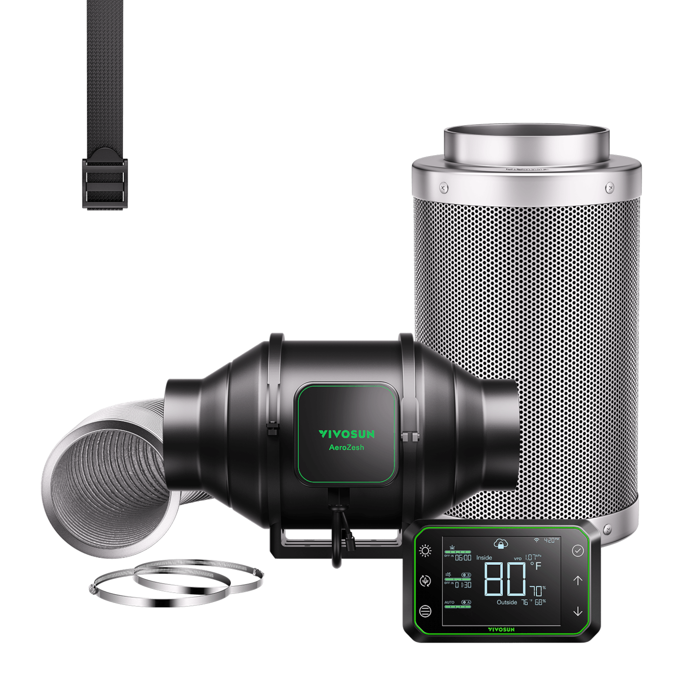 Smart Air Filtration Kit Pro 4″, AeroZesh S4 Inline Fan with E42A Temp. Humidity WiFi Controller, Carbon Filter & Ducting Combo