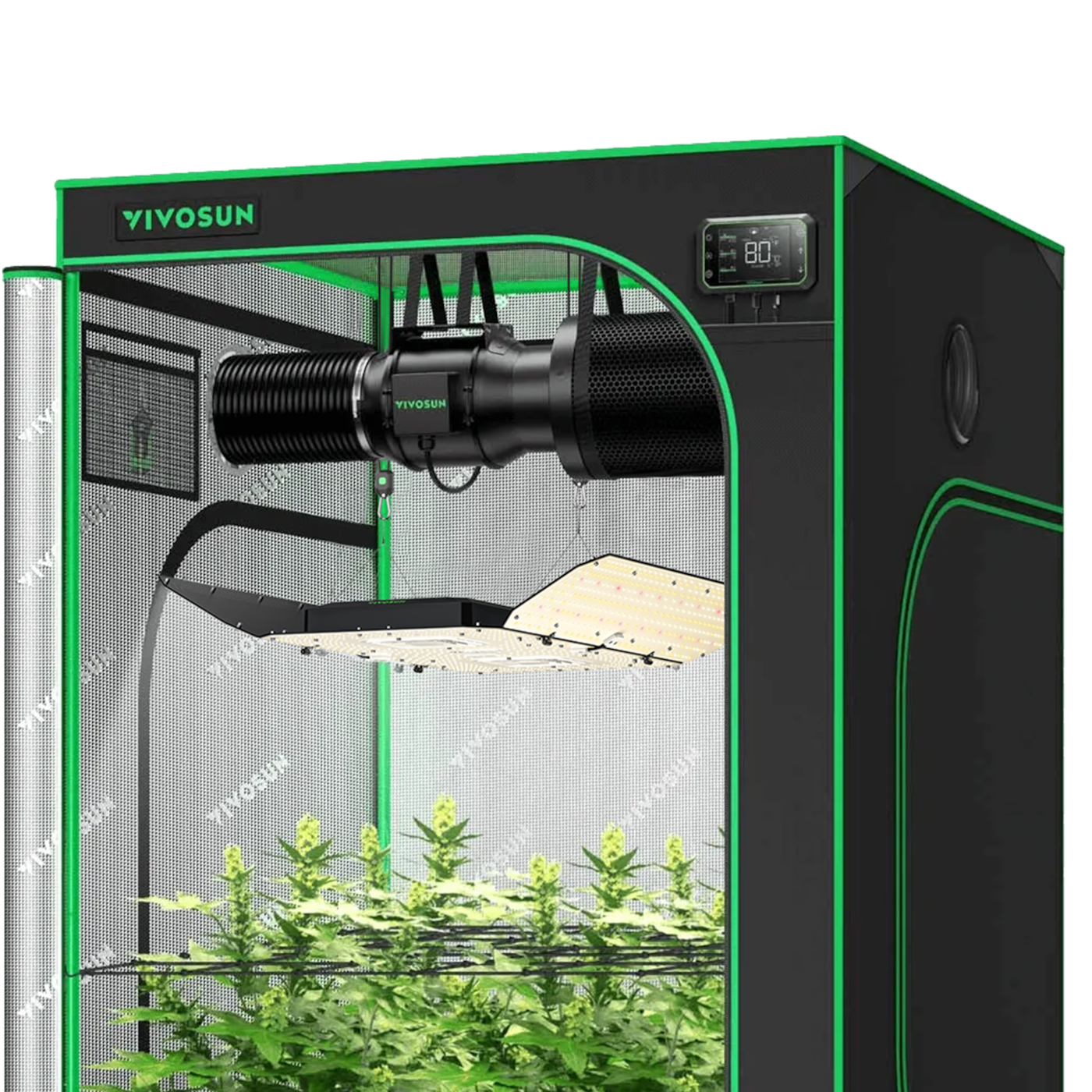 Smart Growbox Komplettset GIY-SGS-44 120 x 120 x 200 cm, Komplettsystem für 4 Pflanzen, mit WLAN E42A Controller, 400W AeroLight Wing SE LED Pflanzenlampe und 15 cm AeroZesh G6 Abluftset