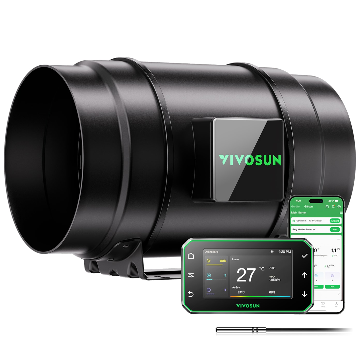 AeroZesh G8 Rohrventilator 20 cm mit E42A WLAN-Controller für Temperatur und Feuchtigkeit, PWM-gesteuerter EC-Ventilator für Growbox-Belüftung