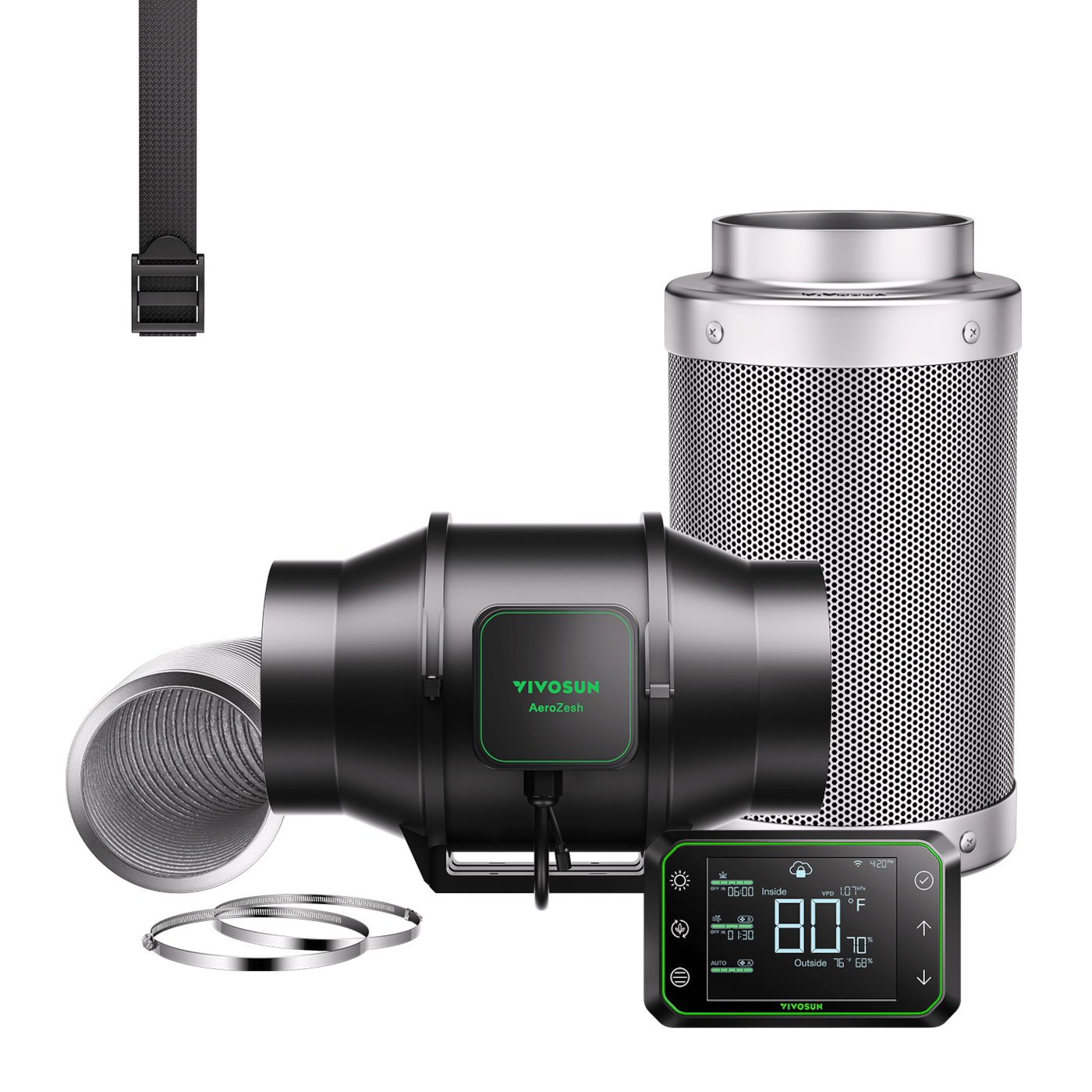 Smart Air Filtration Kit Pro 6″, AeroZesh S6 Inline Fan with E42A Temp. Humidity WiFi Controller, Carbon Filter & Ducting Combo