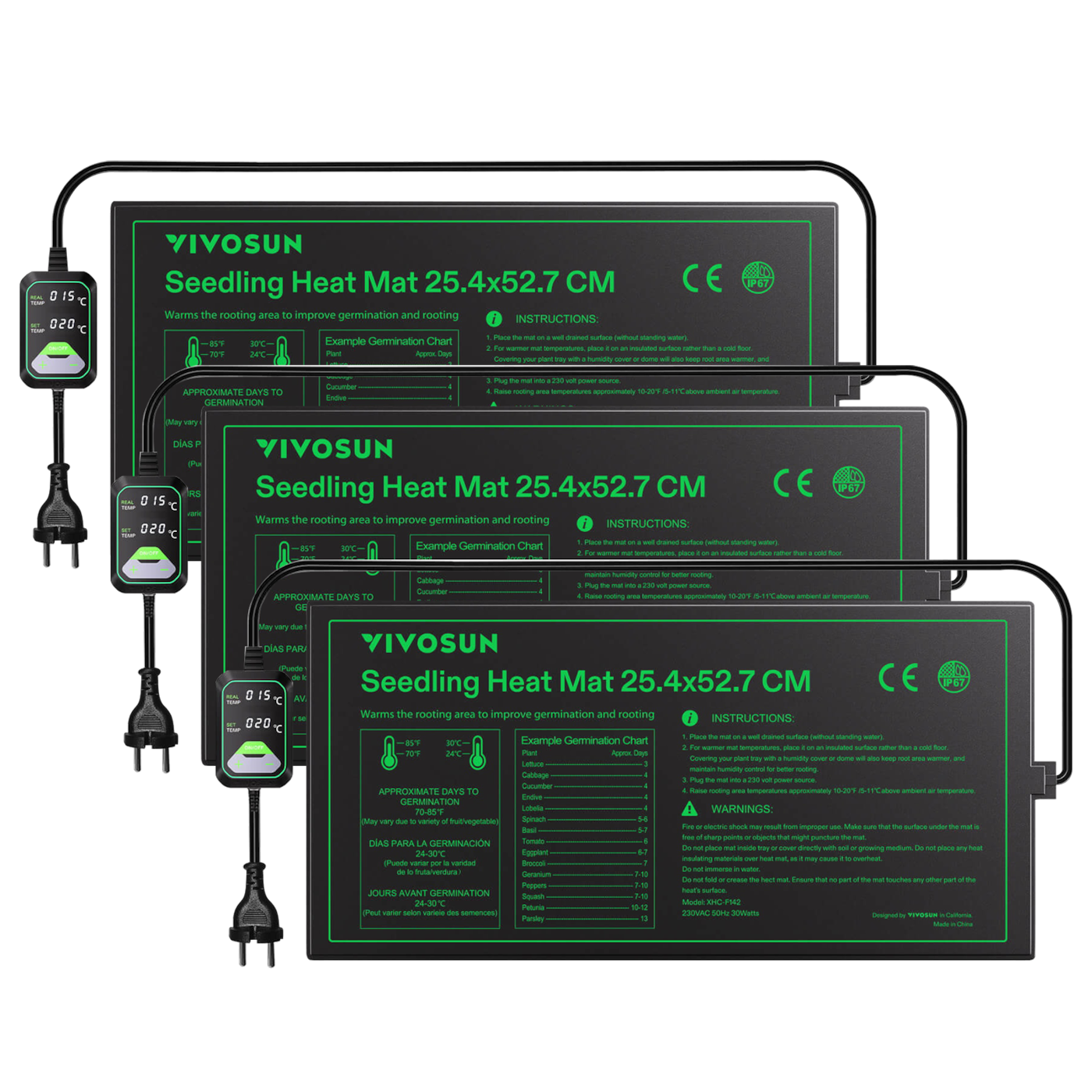 Anzucht-Heizmatte mit digitalem Dual-Display-Thermostat, 25x53 cm schwarze Wärmematte für die Keimung von Samen, 3er-Pack