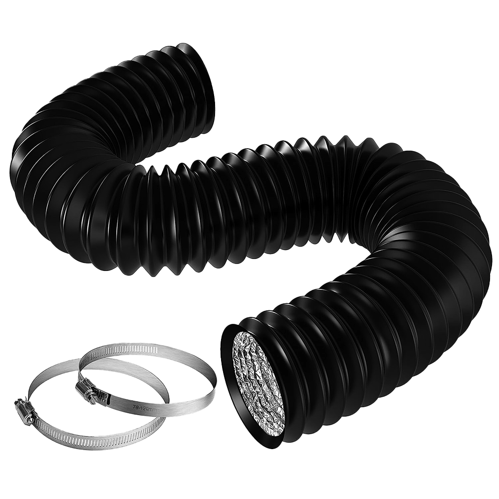 6 Inch 8 Feet Black Non-Insulated Flex Air Aluminum Ducting, w/Two 6 Inch Stainless Steel Clamps