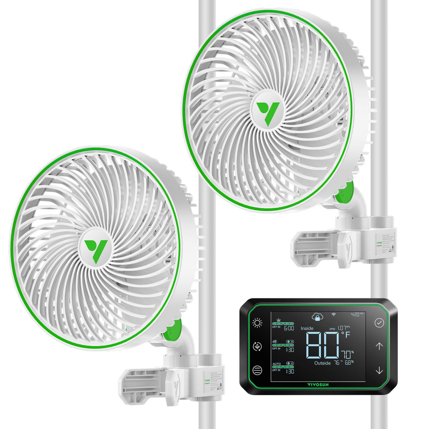 VIVOSUN 2-Pack AeroWave E6 Clip Fans - 6" Smart WiFi Grow Tent Fans With USB-C Splitter