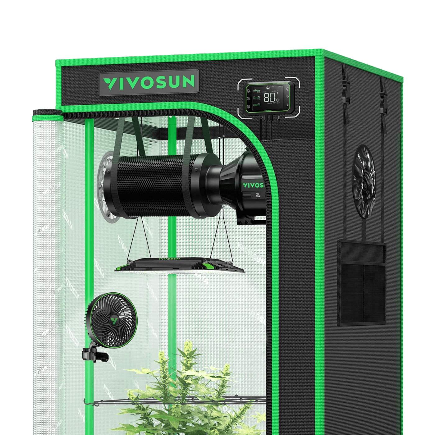 Smart Growbox Komplettset GIY-SGS-22 Pro 60 x 60 x 120 cm, Komplettsystem für 1 Pflanze, mit WiFi E42A Controller, 100W AeroLight LED Pflanzenlampe, 10 cm AeroZesh T4 Abluftset und AeroWave E6 Gen2 Gen2 Clip Fan