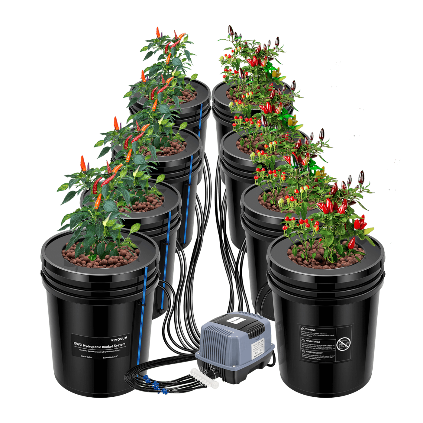 5 Gallon DWC Hydroponic System Kit (8 Bucket, Black)