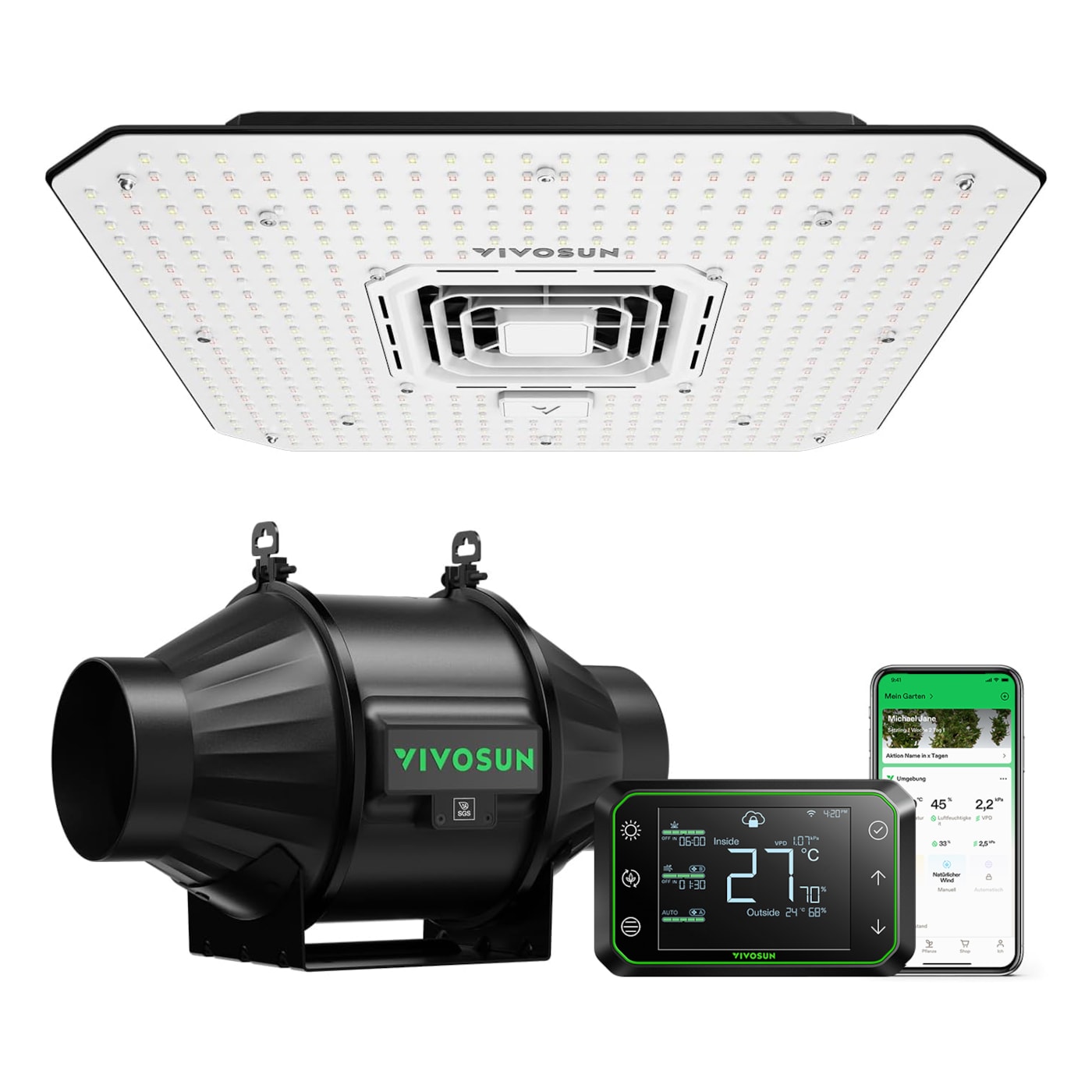 AeroLight A100SE 100W LED-Pflanzenlampe mit AeroZesh T4 10 cm Rohrventilator und GrowHub E42A Controller