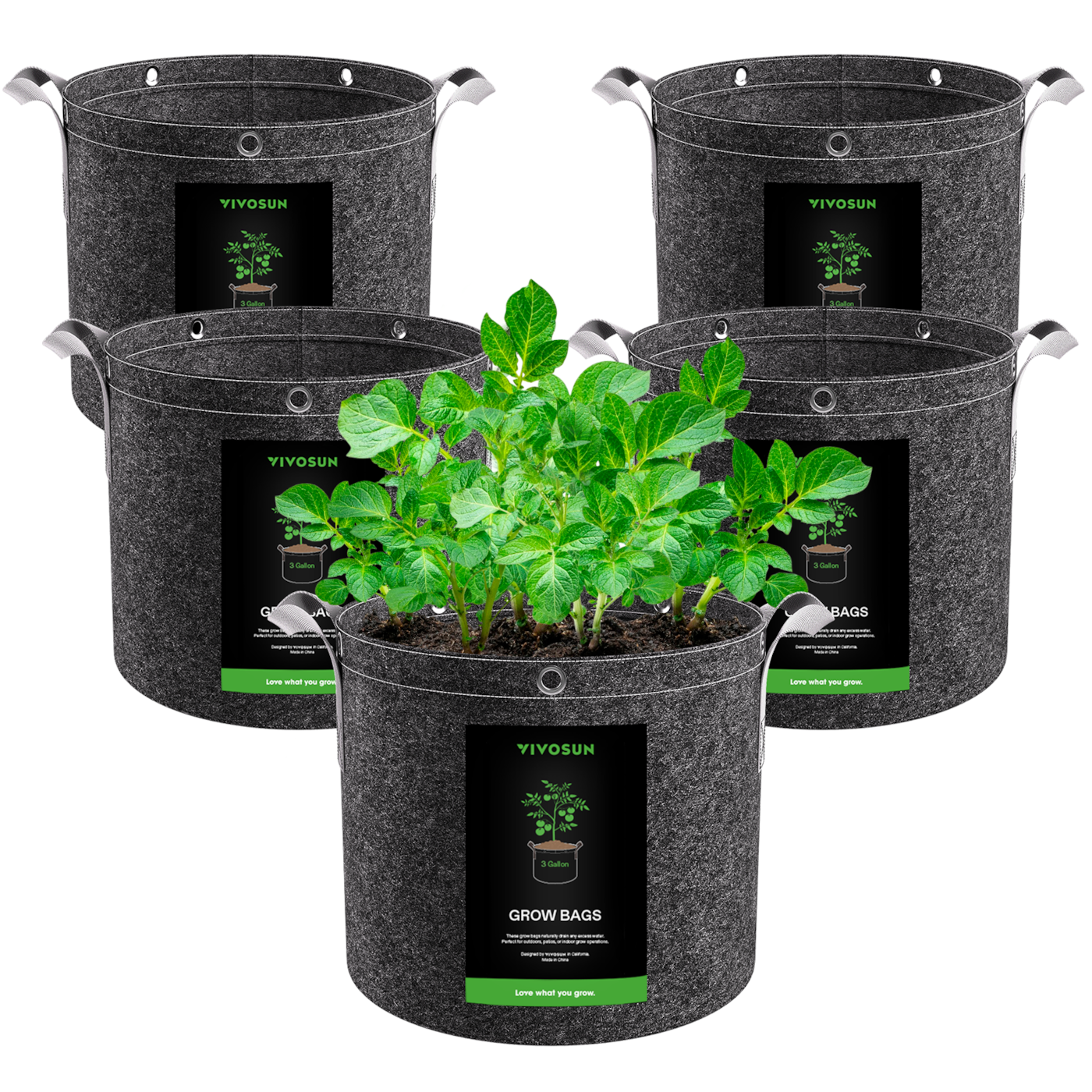 3 Gallon Grow Bags 5-Pack Black Thickened Nonwoven Fabric Pots with Handles, Multi-Purpose Rings