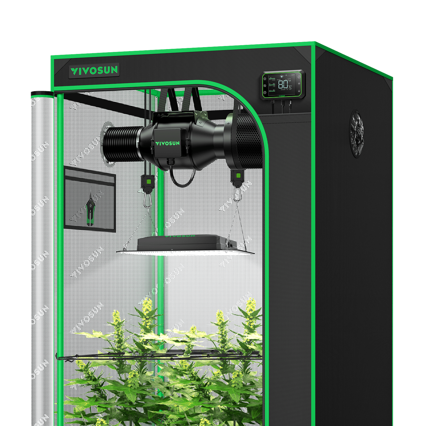 Smart Growbox Komplettset GIY-SGS-27 80 x 80 x 160 cm, Komplettsystem für 2 Pflanzen, mit WLAN E42A Controller, 150W AeroLight SE LED Pflanzenlampe und 10 cm AeroZesh G4 Abluftset