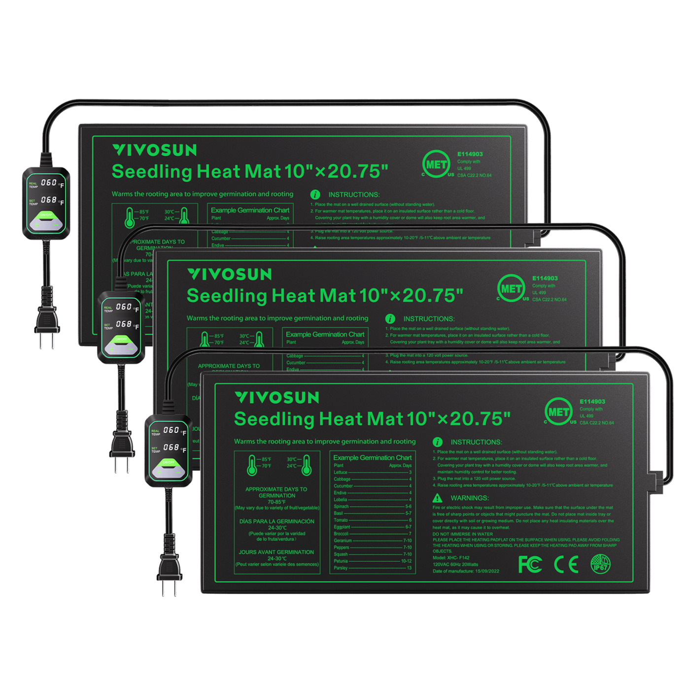 Seedling Heat Mat with Dual Digital Display Thermostat, 10" x 20.75" Black Warm Hydroponic Heating Pad for Seed Germination, 3 Pack