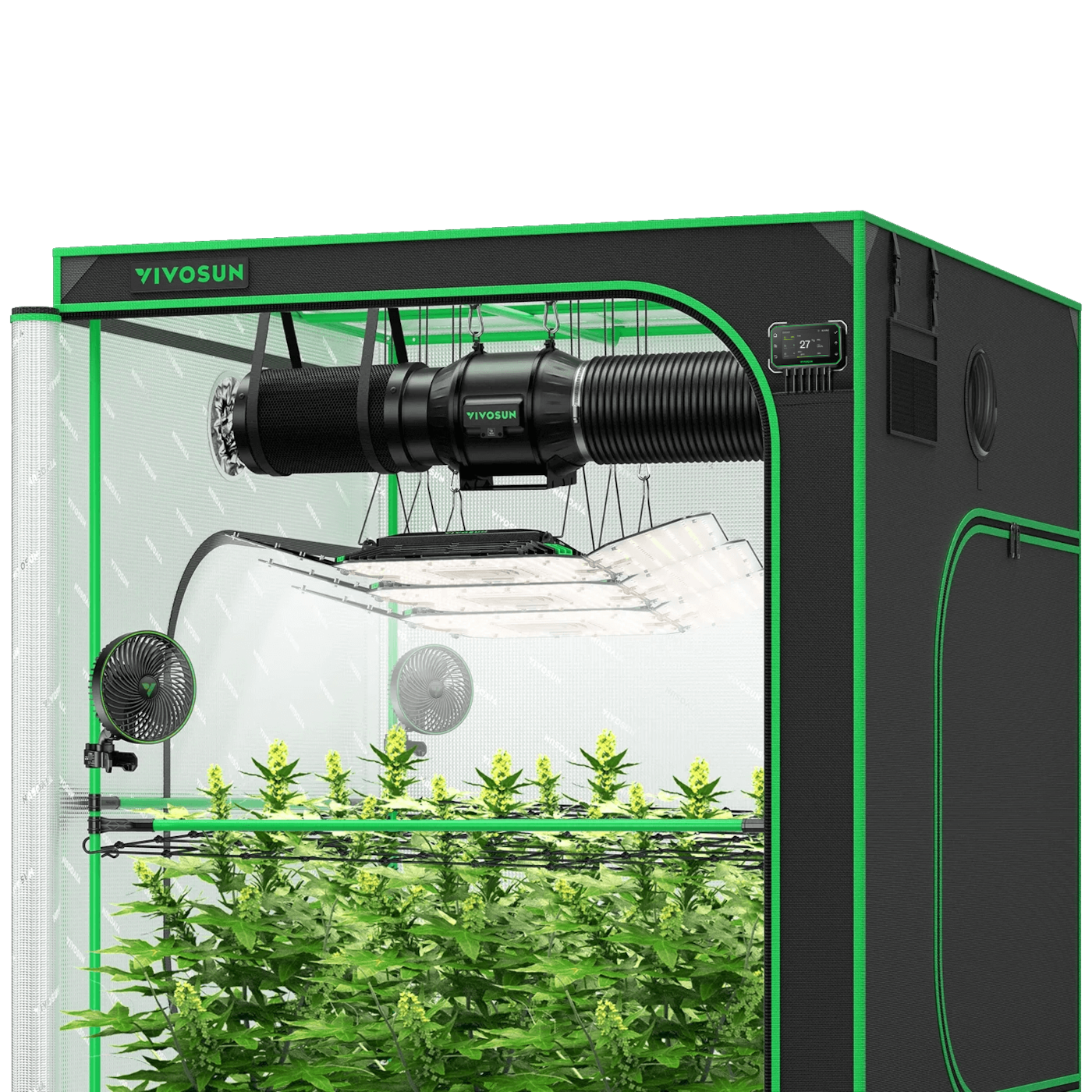 Smart Growbox Komplettset GIY-SGS-55 Pro 150 x 150 x 200 cm, Komplettsystem für 6 Pflanzen, mit WiFi E42A+ Controller, 3 x 200W AeroLight Wing LED Pflanzenlampe, 15 cm AeroZesh T6 Abluftset und AeroWave E6 Gen2 Gen2 Clip Fan