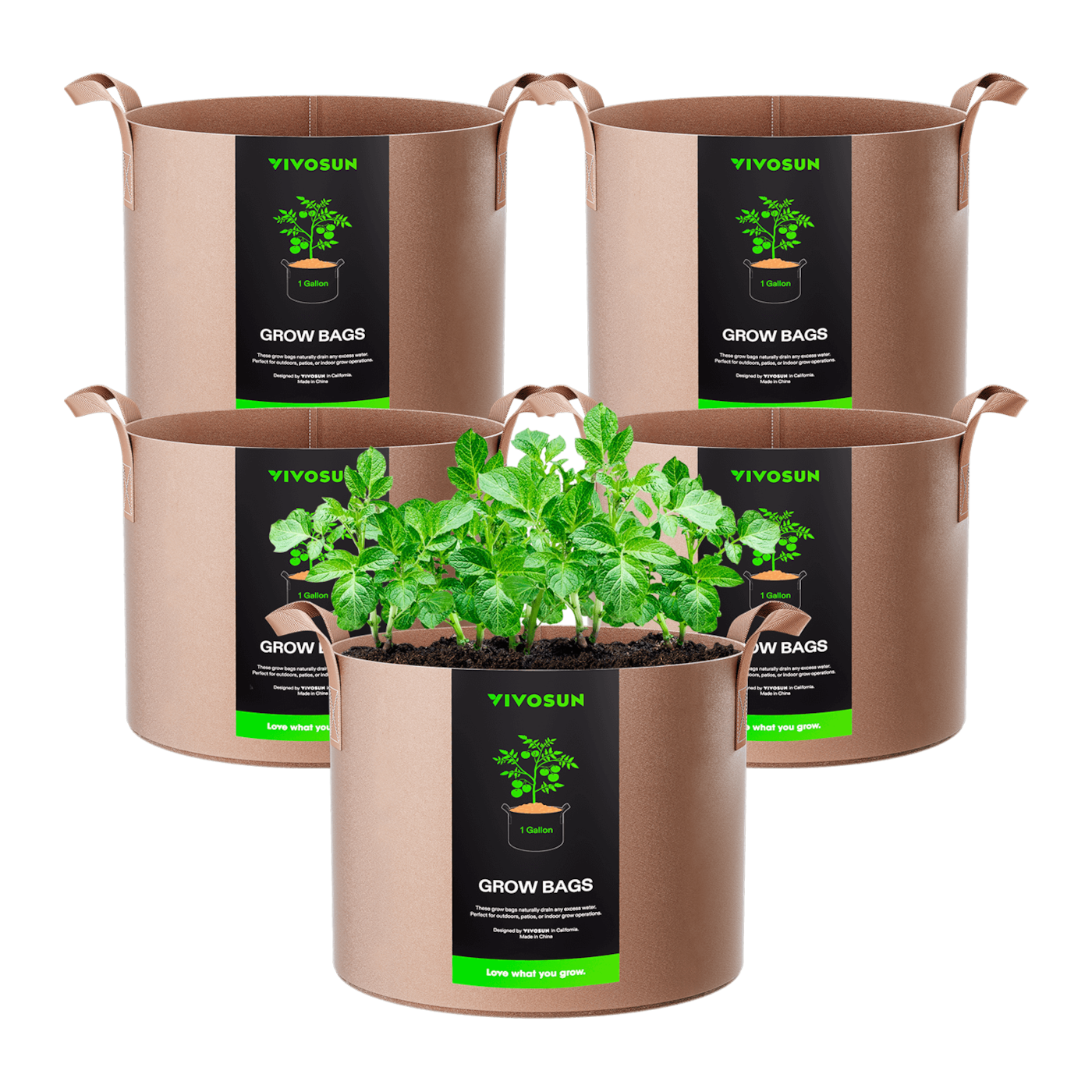 1 Gallon Grow Bags 5-Pack Brown Thickened Nonwoven Fabric Pots with Handles