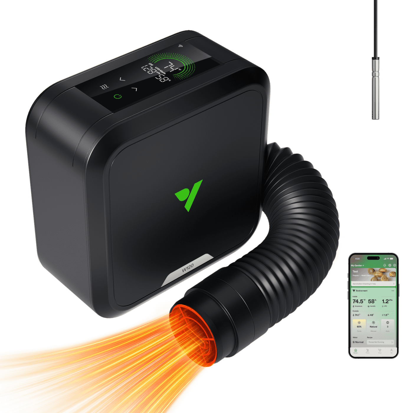 Calefactor PTC AeroFlux W120 de VIVOSUN para armarios de cultivo, con termostato, control mediante aplicación y monitorización del VPD