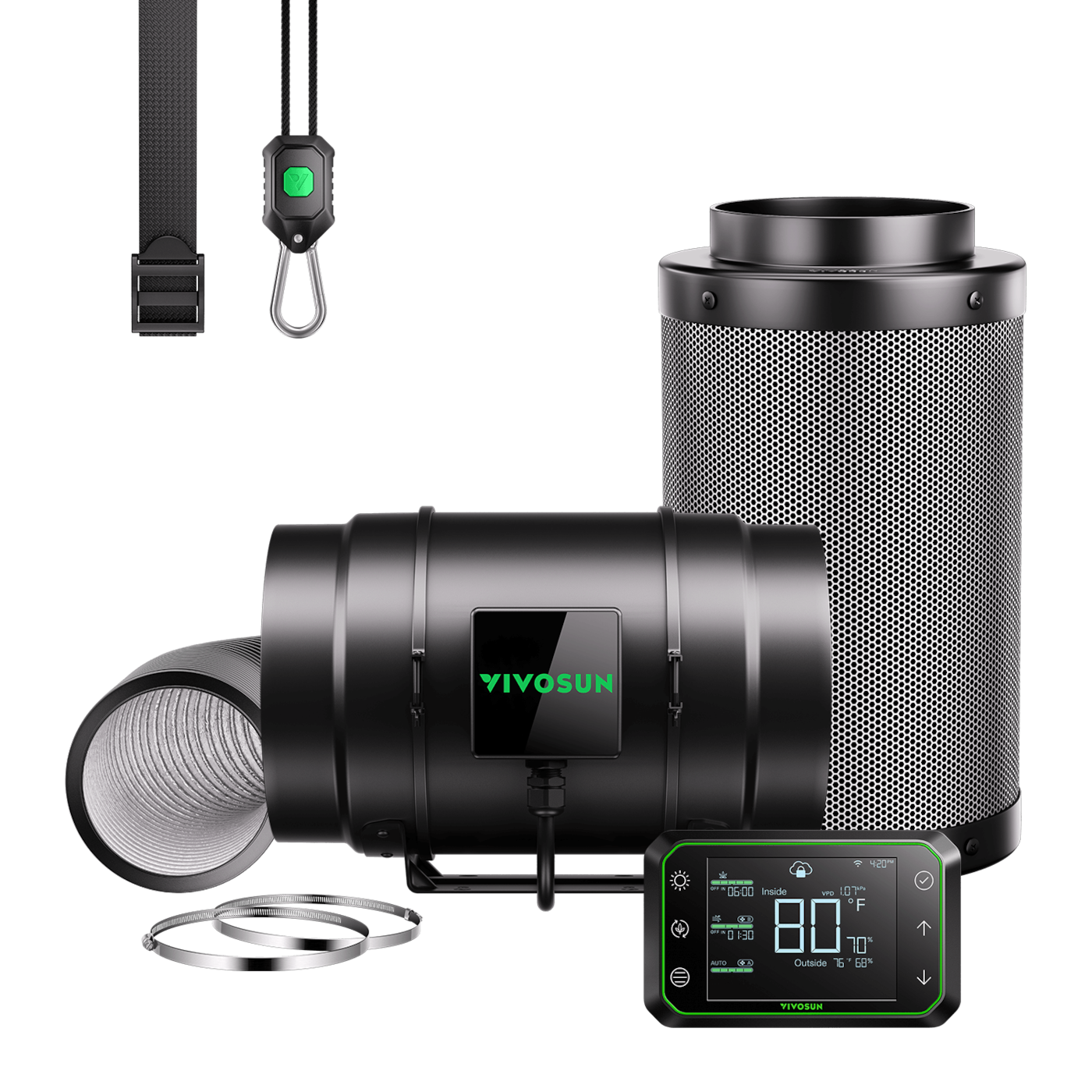Smart Air Filtration Kit Pro 8″, AeroZesh G8 Inline Fan with E42A Temp. Humidity WiFi Controller, Carbon Filter & Ducting Combo