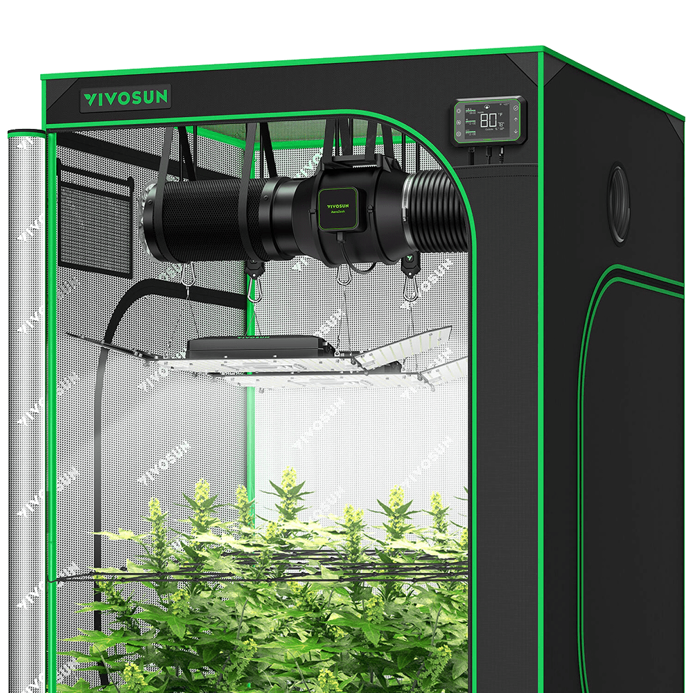 Smart Growbox Komplettset GIY-SE-44 120 x 120 x 200 cm, 4-Pflanzen Komplettsystem mit WLAN-E42A-Controller, 2x 200W AeroLight Wing SE LED Pflanzenlampe und 15cm AeroZesh S6 Abluftset