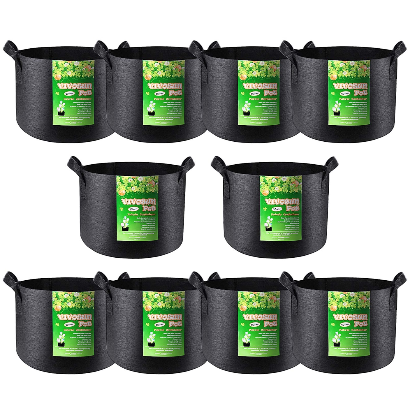 VIVOSUN 10-Pack 10 Gallon Grow Bags, Reinforced Planter Fabric Pots for Gardening Black