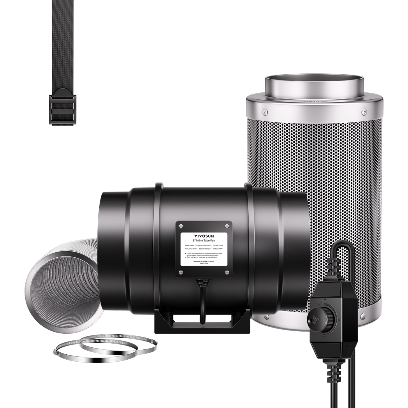 Air Filtration Kit R8 8″, Inline Fan R8 with Variable Speed Controller, Carbon Filter & Ducting Combo