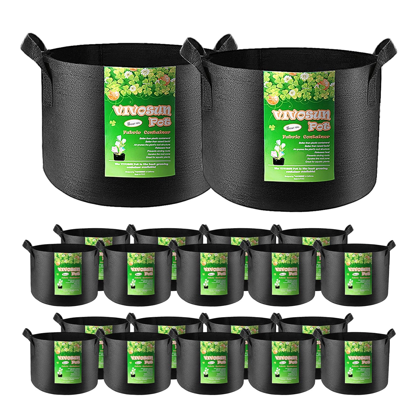 VIVOSUN 20-Pack 5 Gallon Grow Bags, Heavy Duty Thickened Nonwoven Fabric Pots with Handles for Flowers Fruits and Vegetables Black
