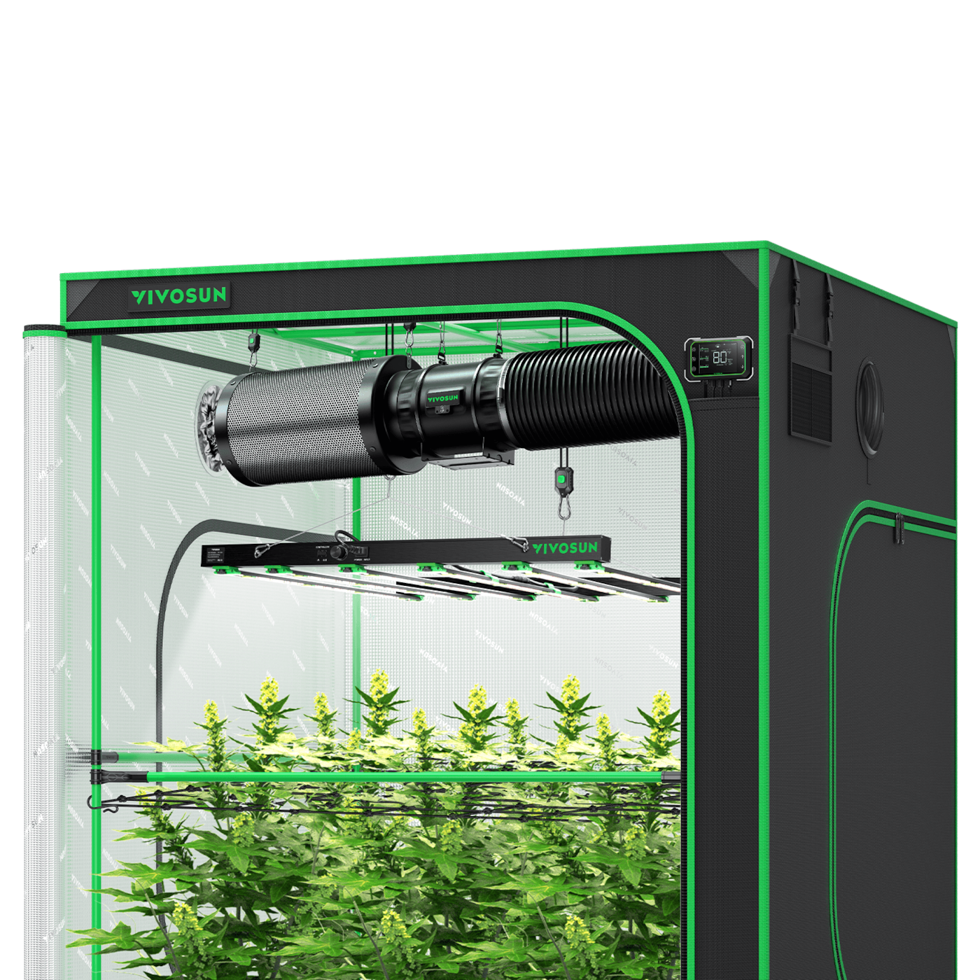 Smart Grow Tent Kit GIY-SGS-55FD 5x5, 6-Plant Complete System, with WiFi E42A Controller, 650W VSFD6500 LED Grow Light, and 8-inch AeroZesh T8 Ventilation Combo