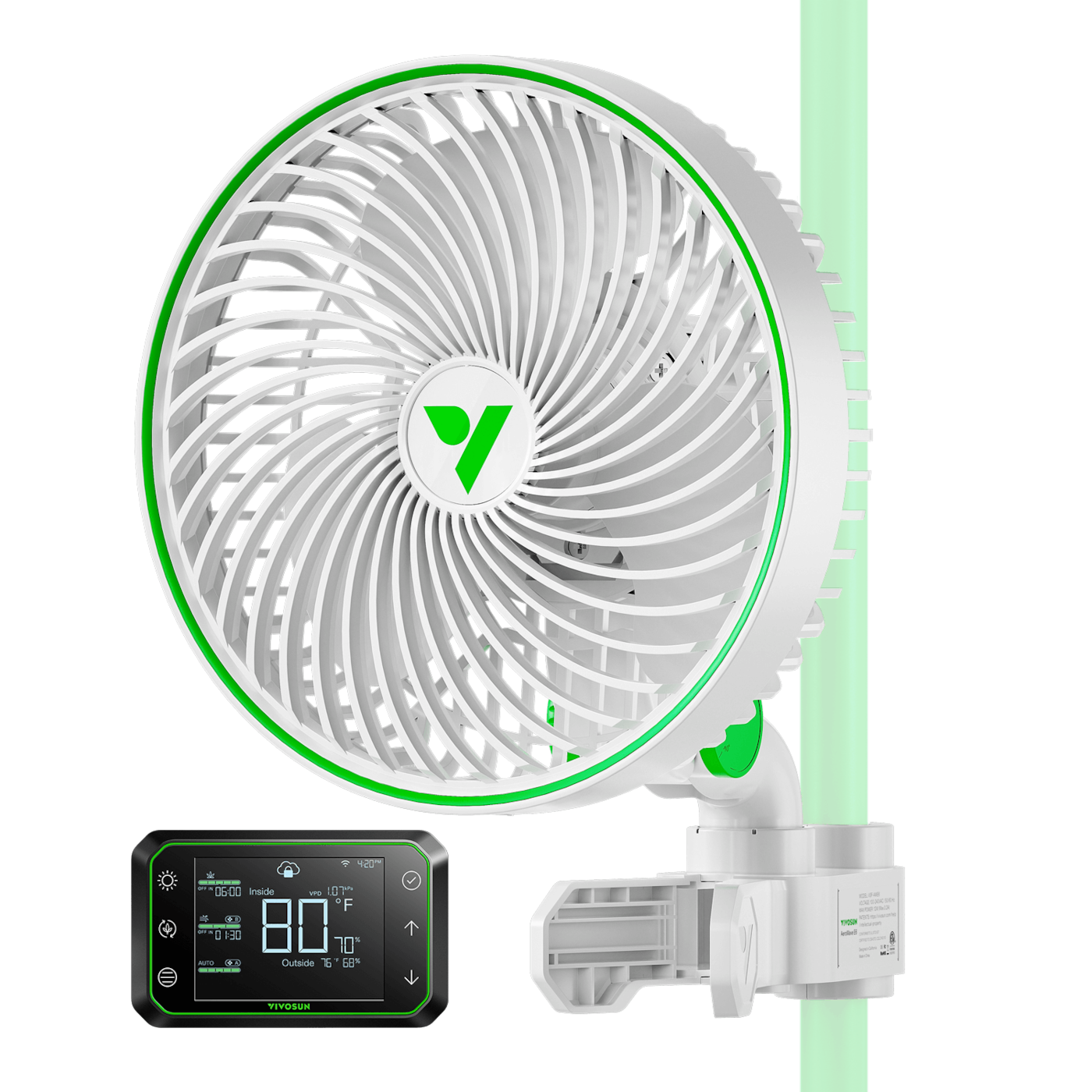 AeroWave E6 Clip-on Fan w/ GrowHub E42A Controller, EC Motor, Auto Oscillation Fan, Air Circulator For Grow Tent, White