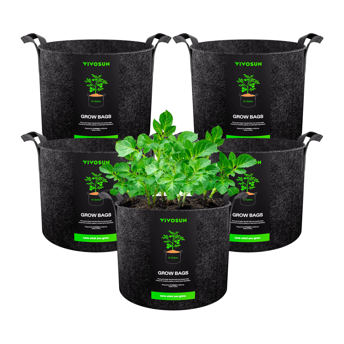 15 Gallon Grow Bags 5-Pack Black Thickened Nonwoven Fabric Pots with Handles