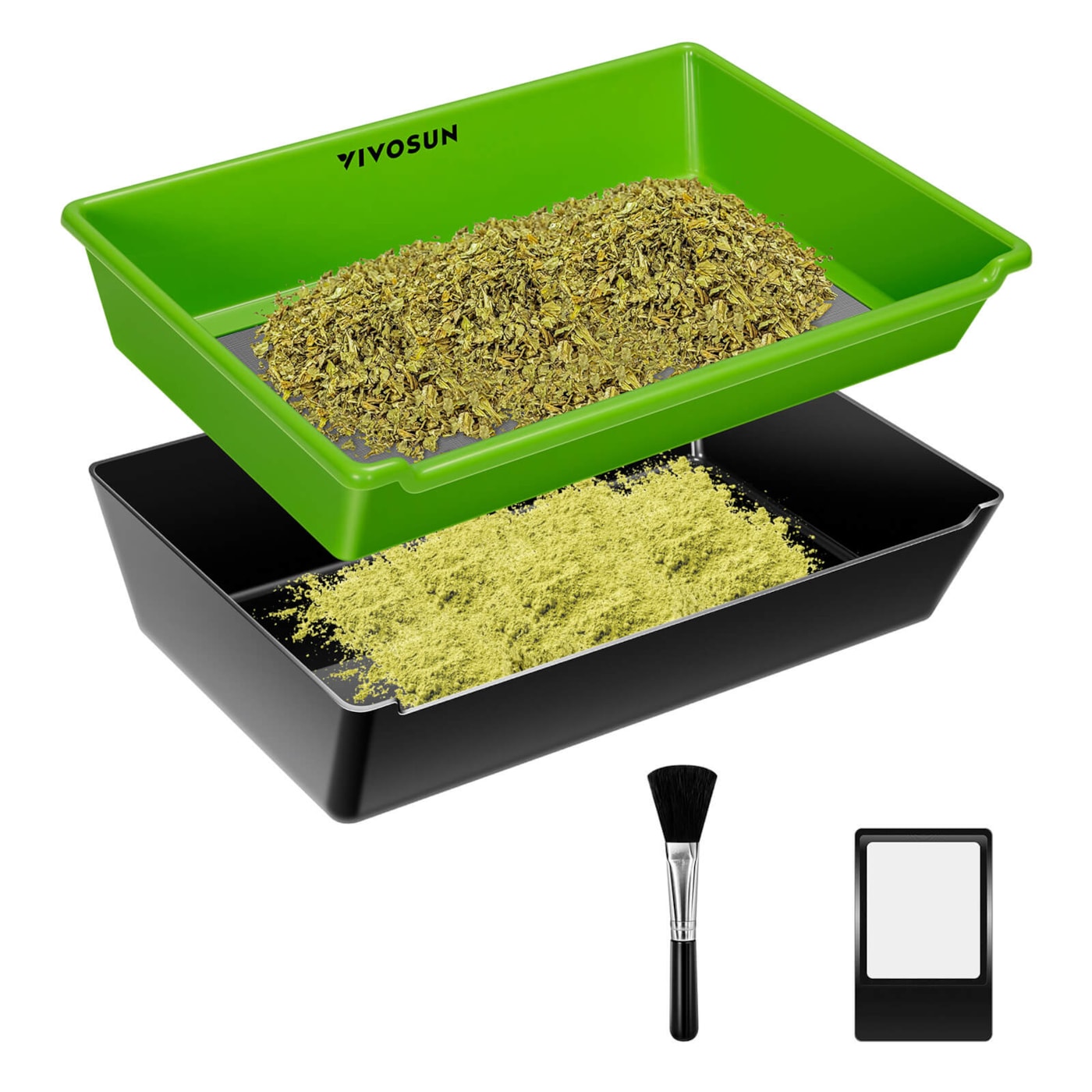 2-in-1 Trimming Tray, 4.1" Deep , with 150 Micron Mesh Sifter, Bottom Harvest Bin, Brush and Magnifying Card, Green