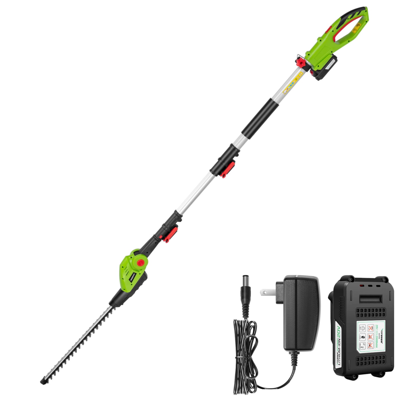 20" Cordless Pole Hedge Trimmer with 20” Dual-Action Laser Blade, Adjustable Cutting Head
