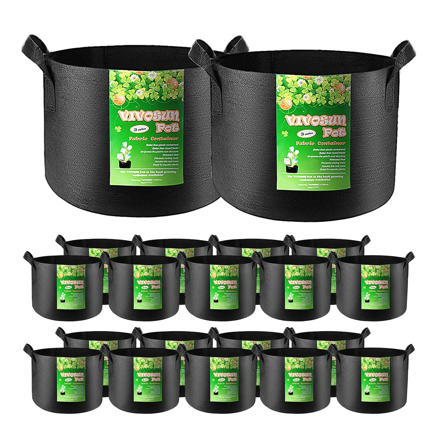 VIVOSUN 20-Pack 3 Gallon Grow Bags, Heavy Duty Thickened Nonwoven Fabric Pots with Handles for Flowers Fruits and Vegetables Black