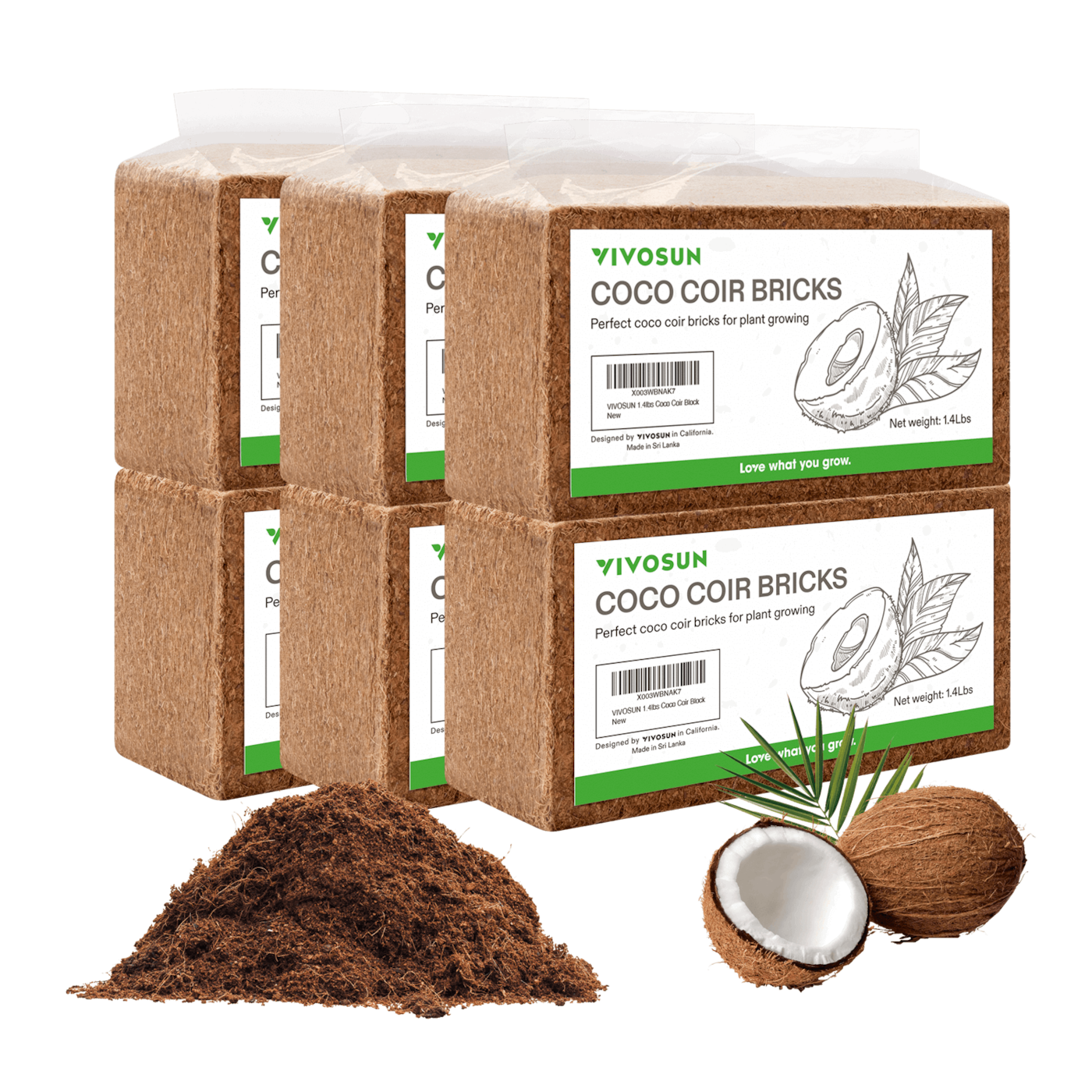 Coco Coir Brick, 1.4lbs 100% Natural Organic Compressed Coconut Coir Fiber with Low EC 6 Pack