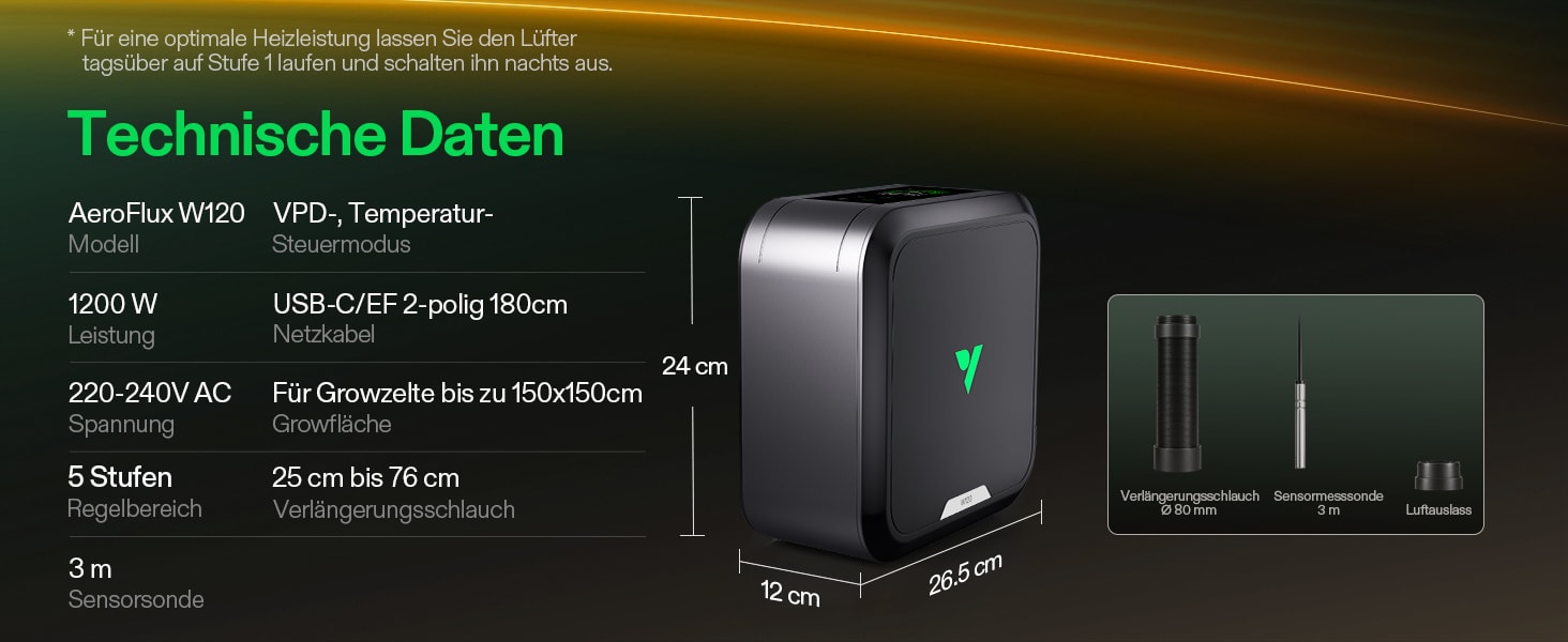 Maße, Schlauch und technische Ausstattung der VIVOSUN AeroFlux W120