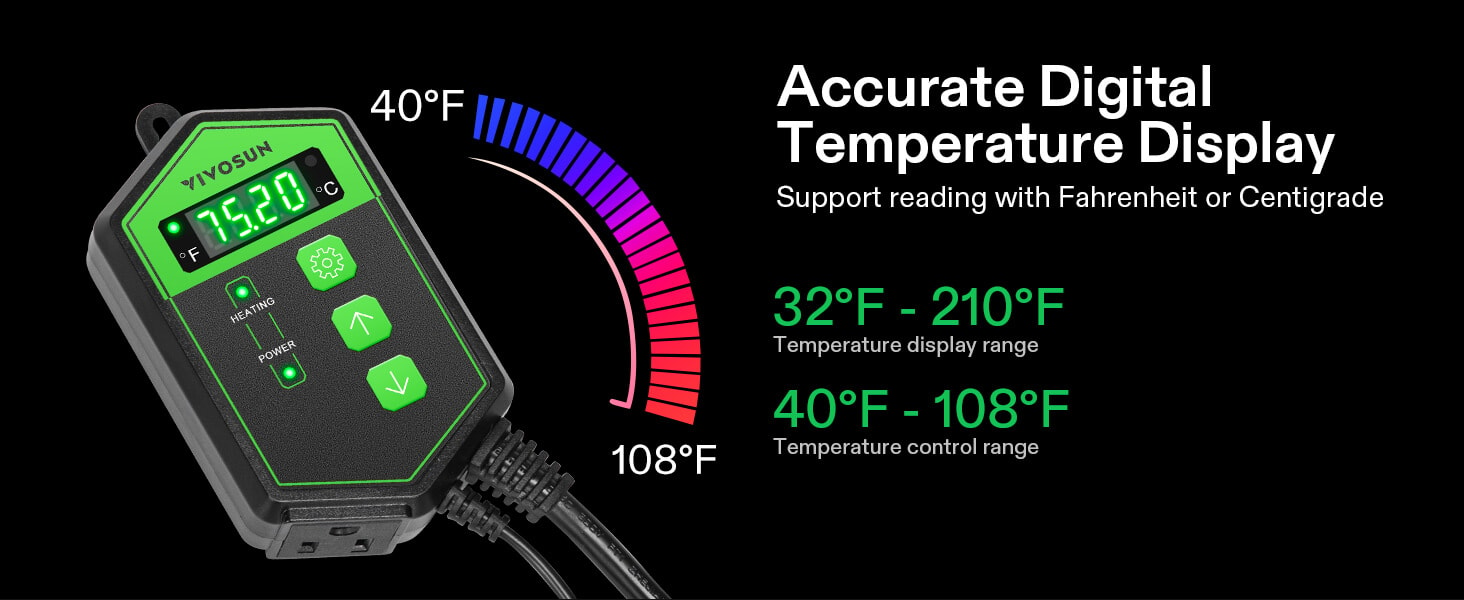 VIVOSUN Digital Heat Mat Thermostat Temperature Controller, 40–108 ºF 1000W  for Reptiles, Seedlings, Germination, Incubation and Fermentation