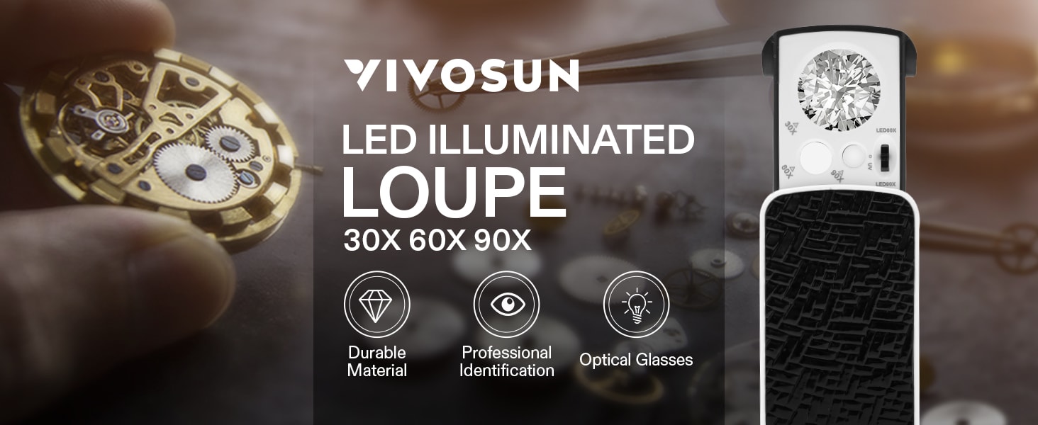 VIVOSUN Jewelry Loupe Magnifier 30X 60X 90X LED Lighted Eye Loupe