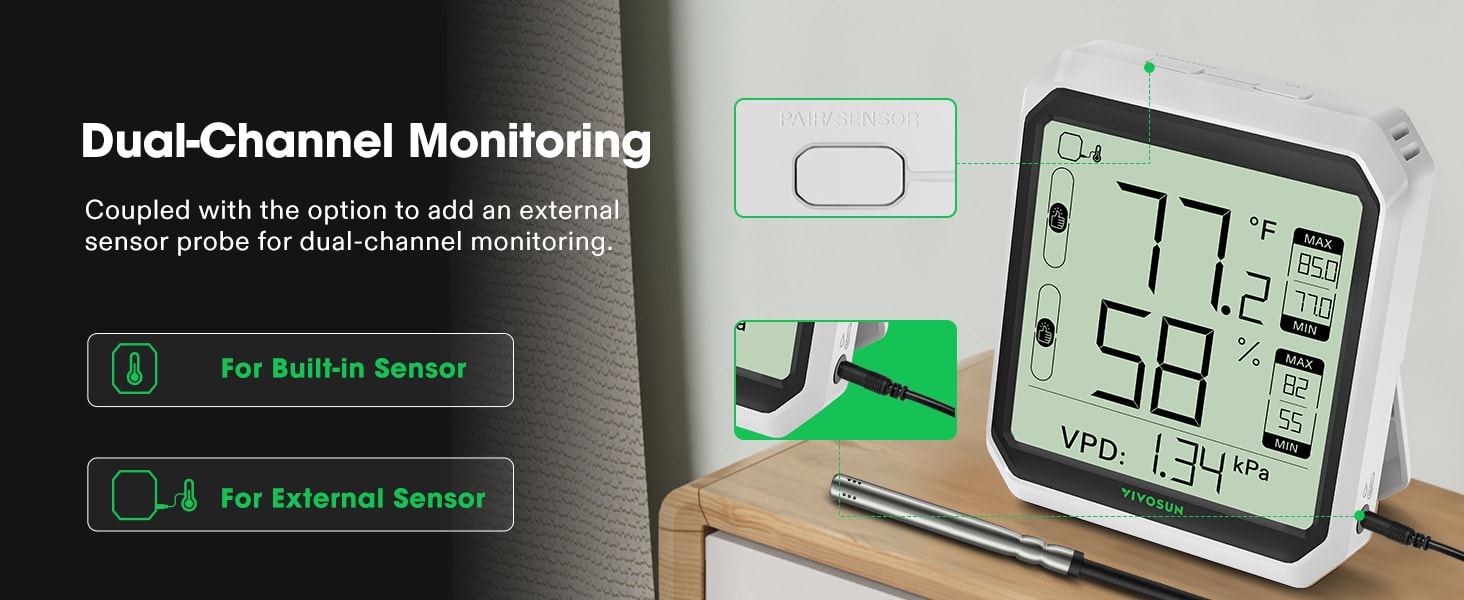 Termômetro Bluetooth VIVOSUN AeroLab THB1S - Monitoramento de canal duplo