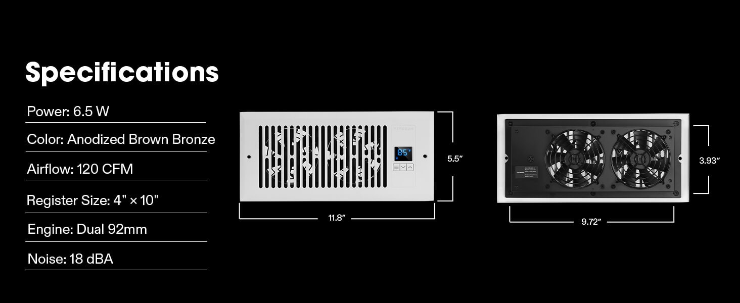 VIVOSUN Quiet Register Booster Fan 4”×10”, Smart Register Vent with  Intelligent Thermostat Control, Cooling Heating AC Vent Booster Fan, Brown  