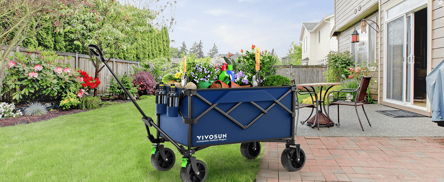 VIVOSUN Collapsible Folding Wagon, Outdoor Utility with Silent Universal  Wheels, Cup Holders & Side Pockets, Adjustable Handle, for Camping, Garden