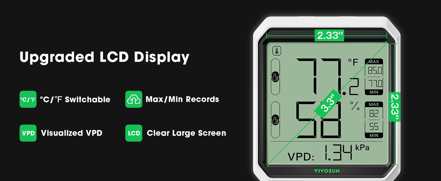 Termômetro Higrômetro Bluetooth VIVOSUN AeroLab THB1S - Display LCD Atualizado