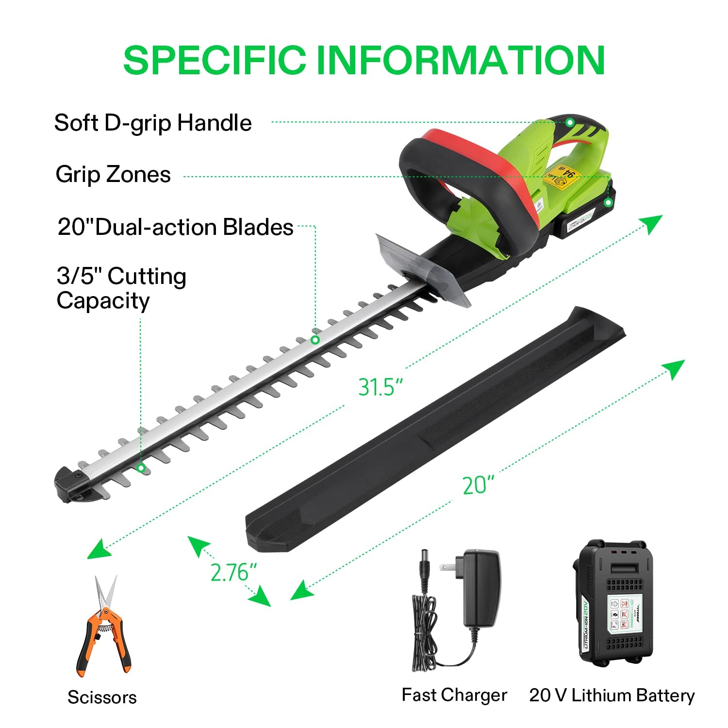 VIVOSUN 20'' Cordless Hedge Trimmer, 20V Electric Bush Trimmer