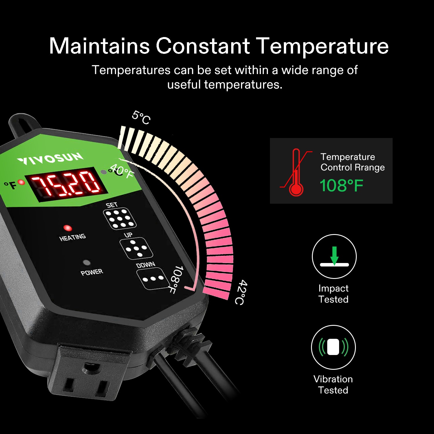 VIVOSUN Digital Heat Mat Thermostat Temperature Controller 68–108F for  Seedlings