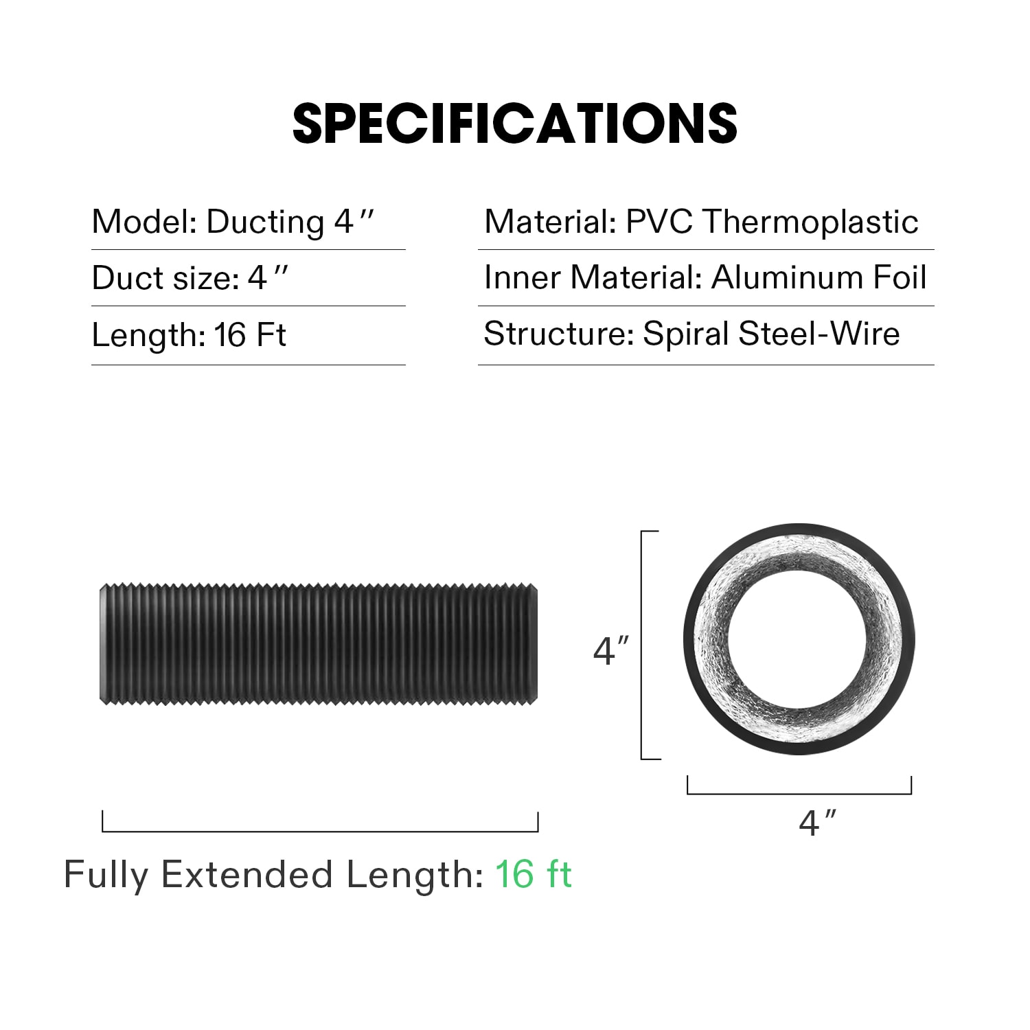 VIVOSUN 6 Inch 8 Feet Black Non-Insulated Flex Air Aluminum Ducting for  Ventilation w/ 2pcs 6 Inch Stainless Steel Clamps