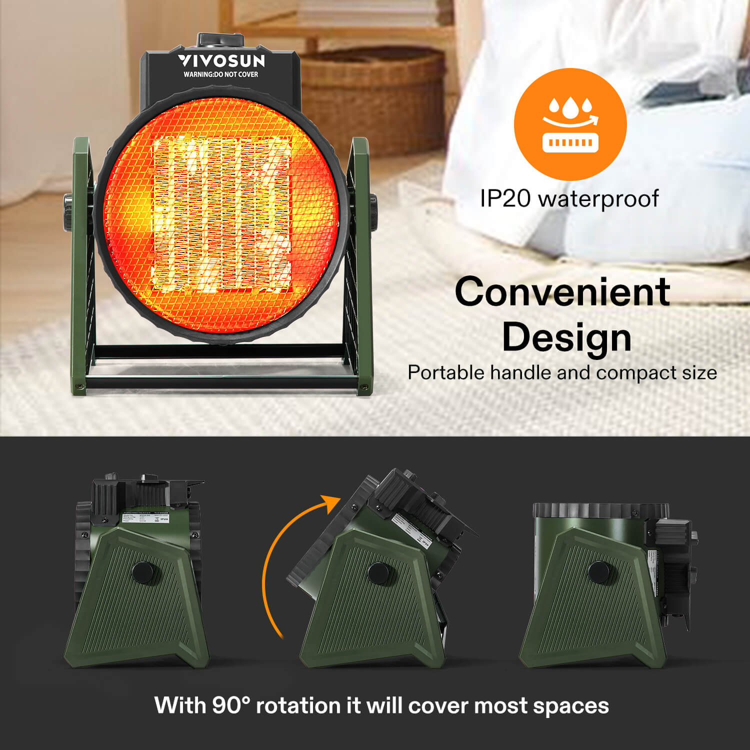 Portable Greenhouse Heater, 1500W/750W Electric Heater with 3 Modes for Fast Heating