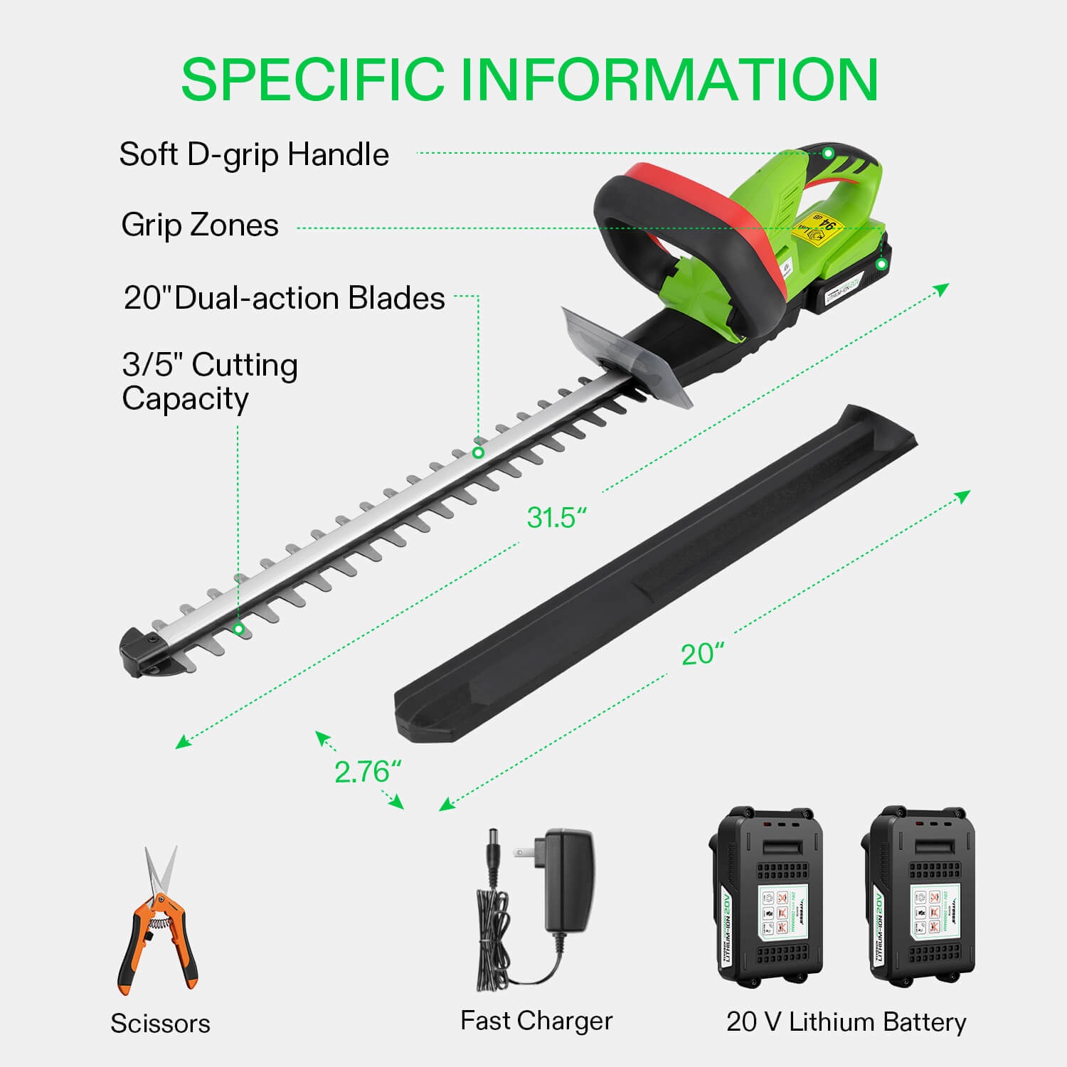 20 Cordless Hedge Trimmer, 20V Electric Bush Trimmer, 1400 RPM Shrub Trimmer, Dual-Action Laser Blade, 3/5 Cutting Capacity, Lightweight & Compact