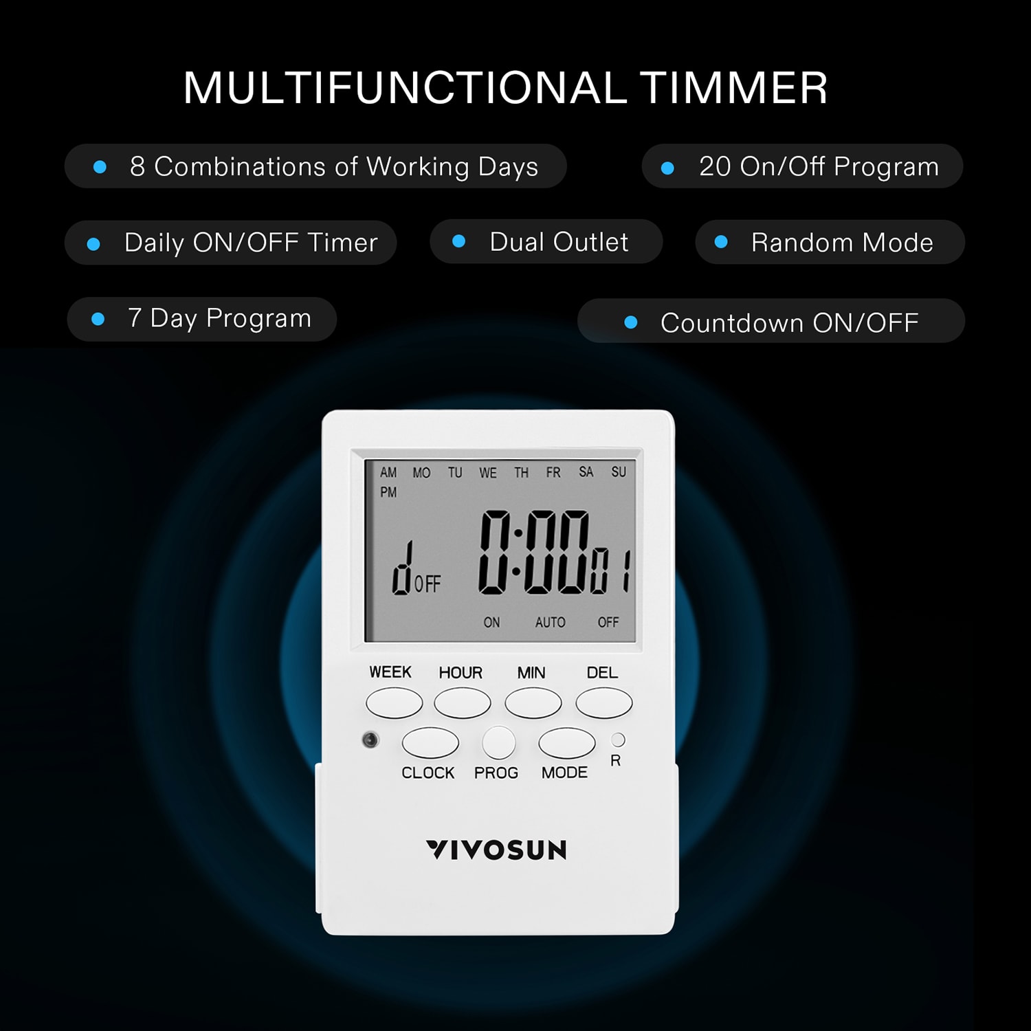 7 Day Programmable Digital Timer with Dual Outlet, 20 On/Off UL Listed Heavy Duty Plug-In Outlet Timer with Countdown Setting, Indoor for Lamp, Fan, H