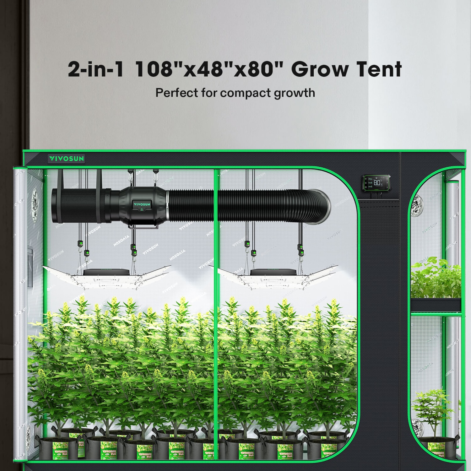 D948 2-in-1 9x4 Grow Tent, 108"x48"x80" High Reflective Mylar with Multi-Chamber and Floor Tray for Hydroponic Indoor Plant