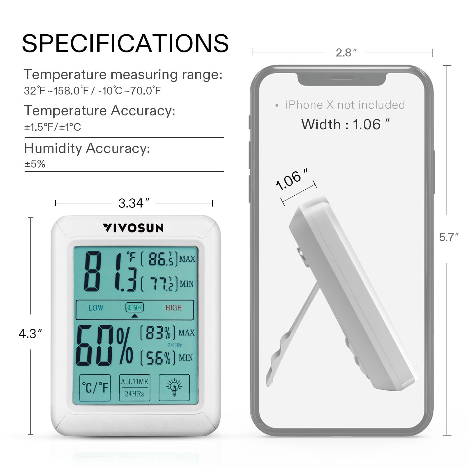 VIVOSUN Indoor Outdoor Thermometer Wireless Digital Hygrometer Temperature  and Humidity Monitor with Touchscreen LCD Backlight, 200ft/60m Range