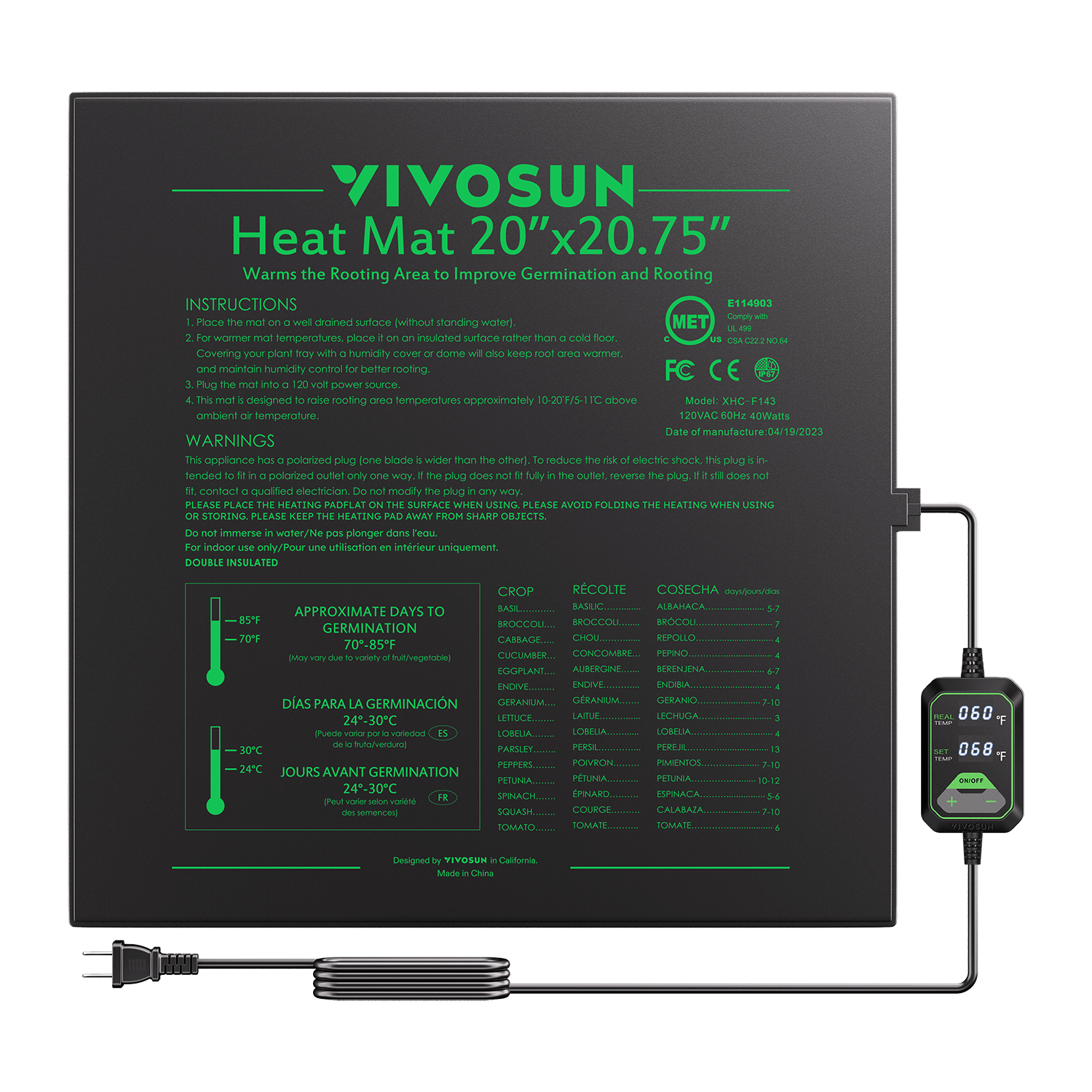 Seedling Heat Mat with Dual Digital Display Thermostat, 20