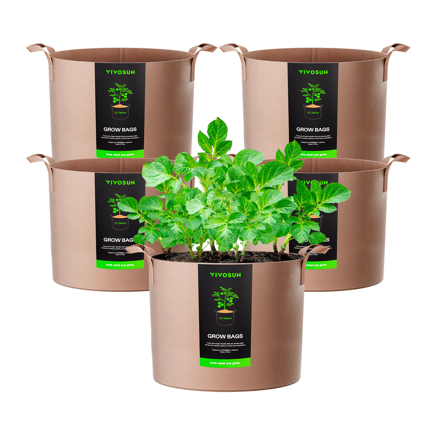 5-Pack 30 Gallons Grow Bags Heavy Duty Thickened Nonwoven Fabric Pots with Strap Handles Tan