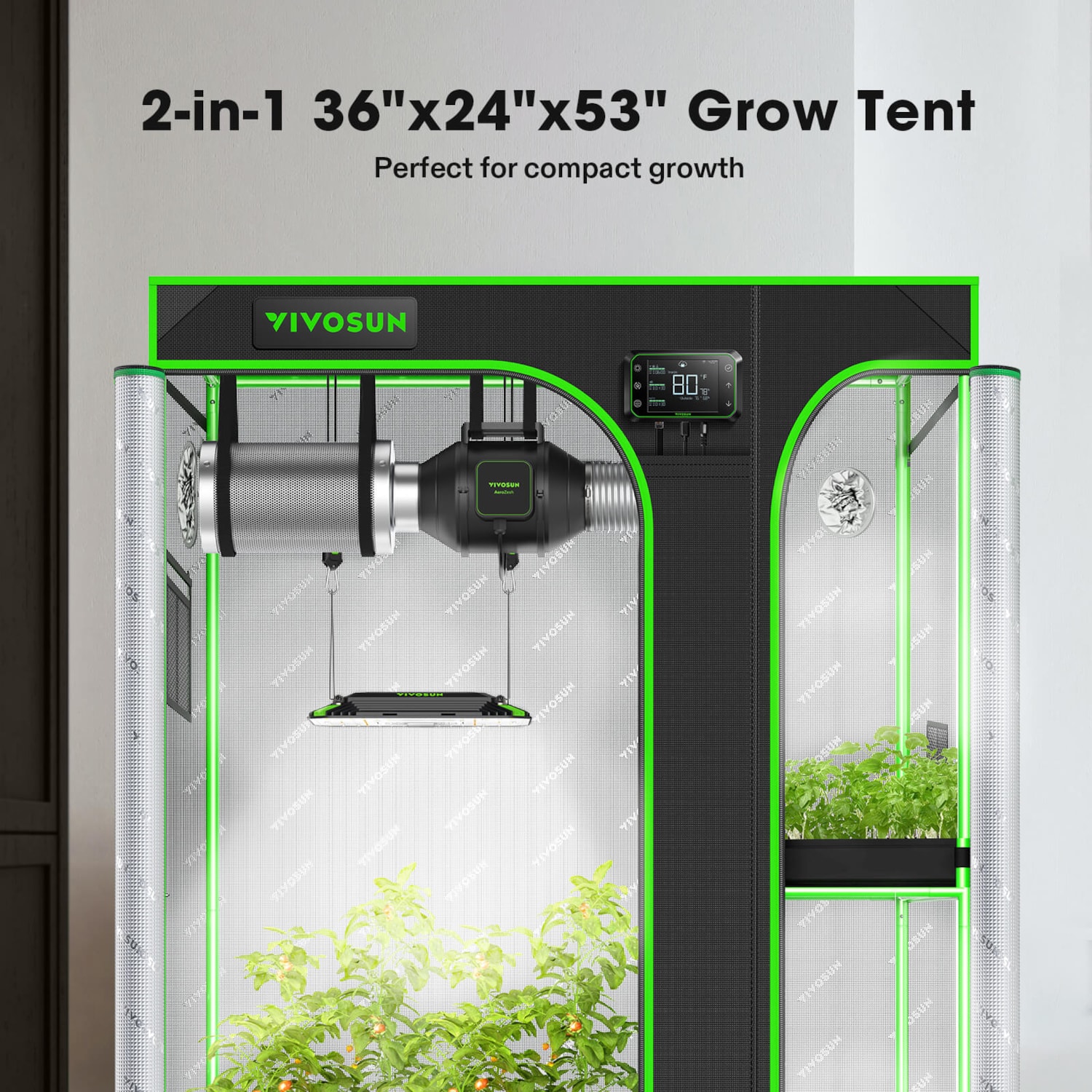2-in-1 Grow Tent 2x3 D325, 1-2 Plants Use, Mylar 100% Reflective with Multi-Chamber, 36 x 24 x 53, For Indoor Plants Growing