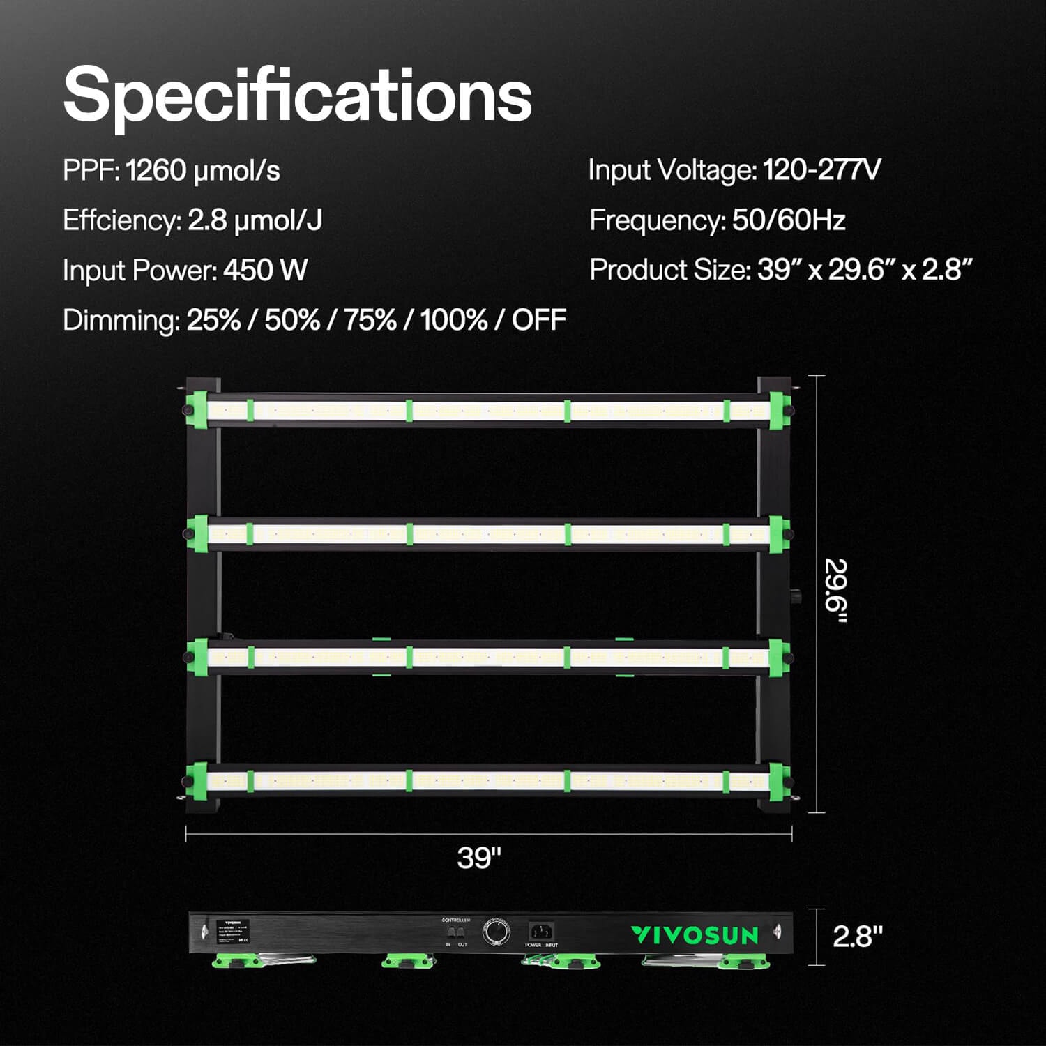 VSFD4500 Full Spectrum LED Grow Light Bar 450W, Detachable Design