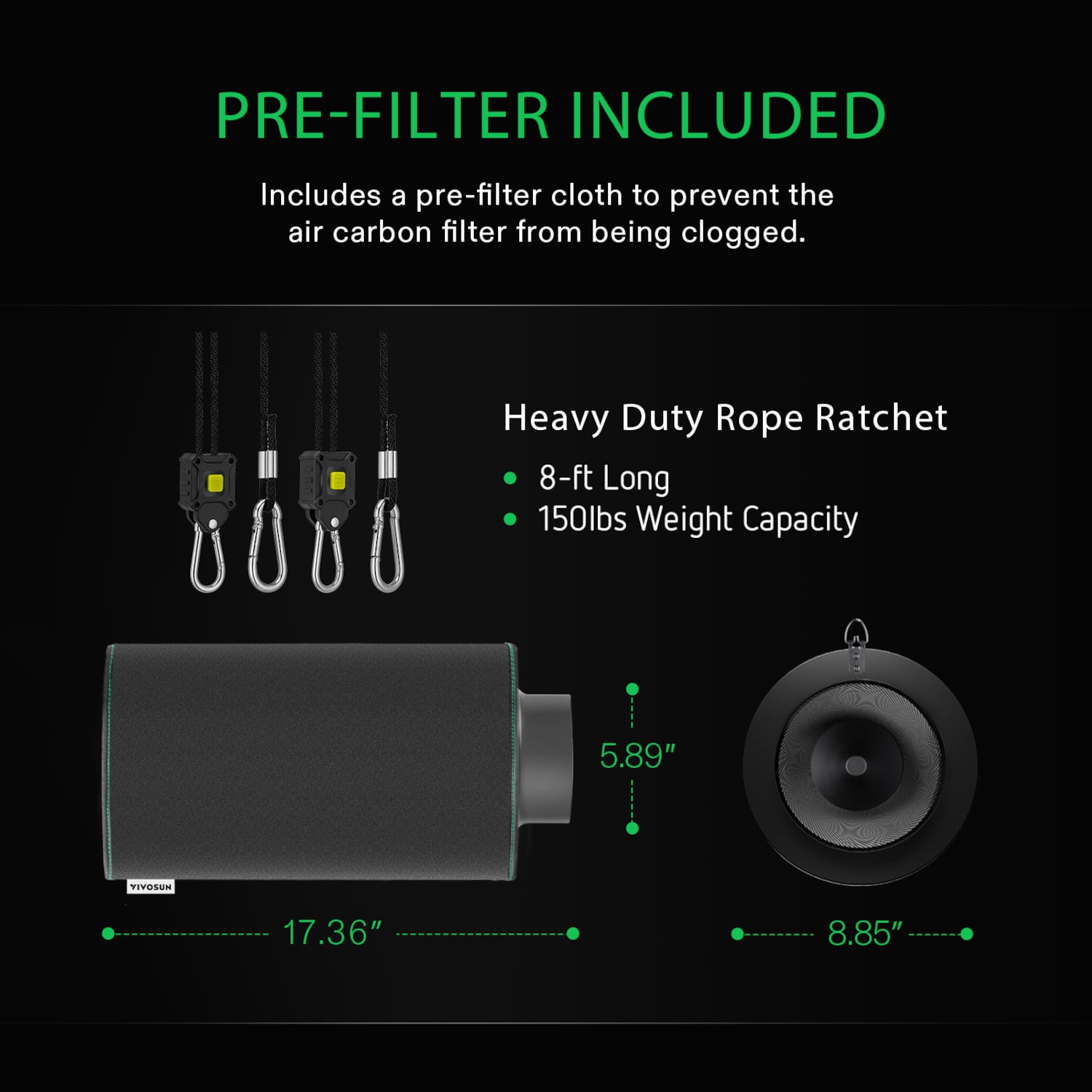 6 Inch Air Carbon Filter for Odor Control Black