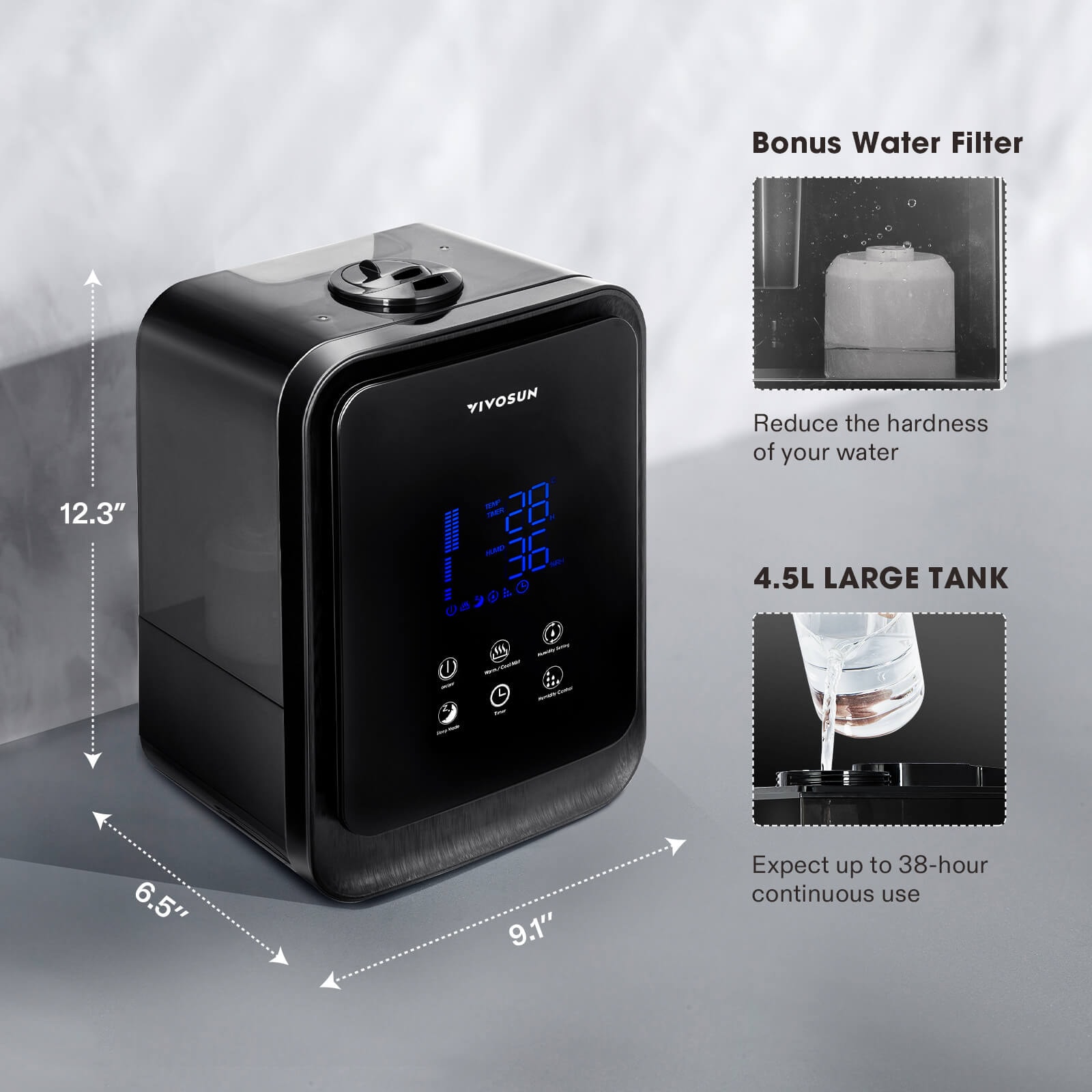 VIVOSUN Humidificador de niebla fría, humidificador ultrasónico silencioso  de 6 L para dormitorio (humedad personalizada, control remoto, modo de